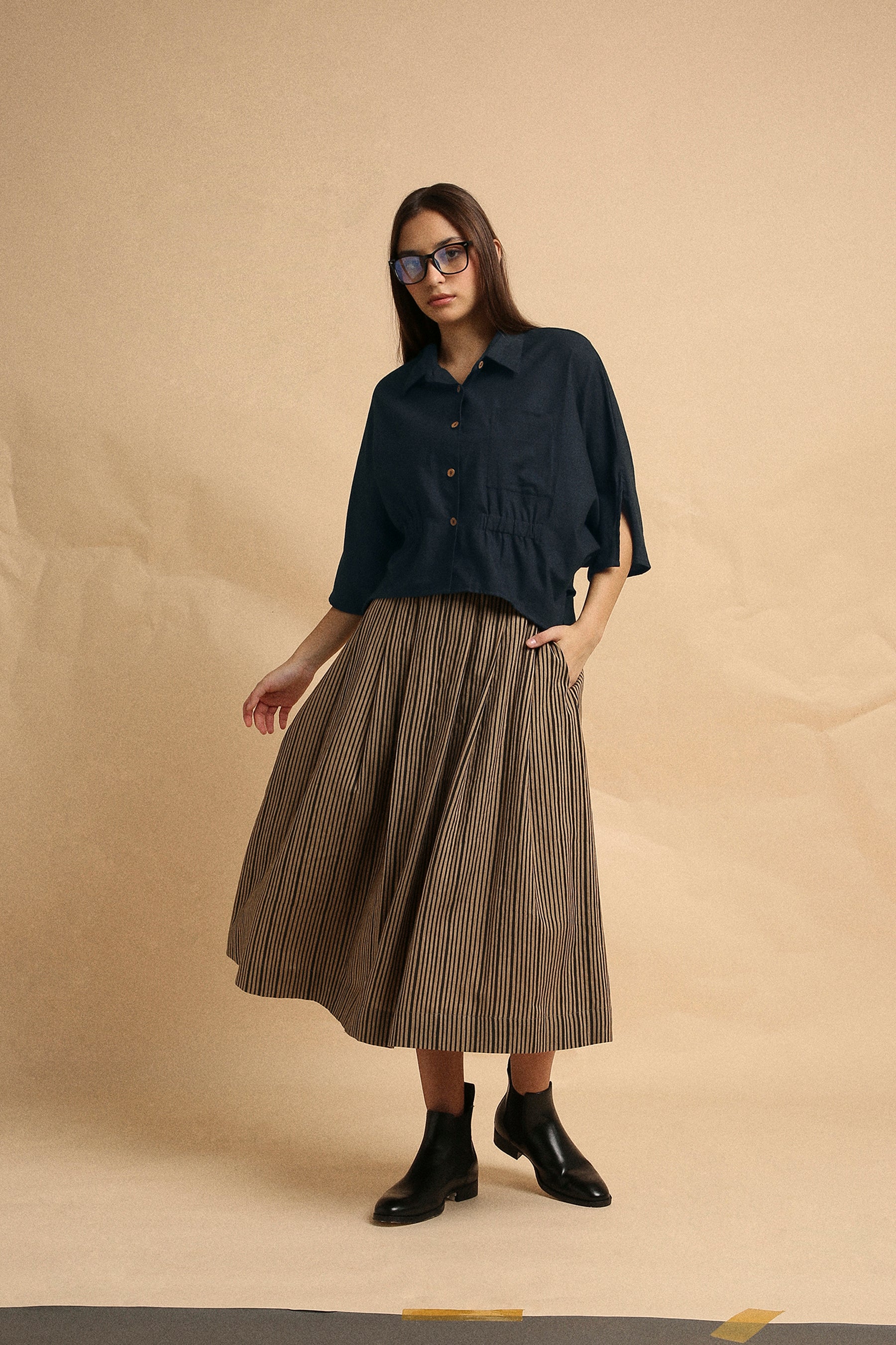 Charcoal Collar Crop Top & Brown Box Pleated Skirt Set (2 PCS)- Mati