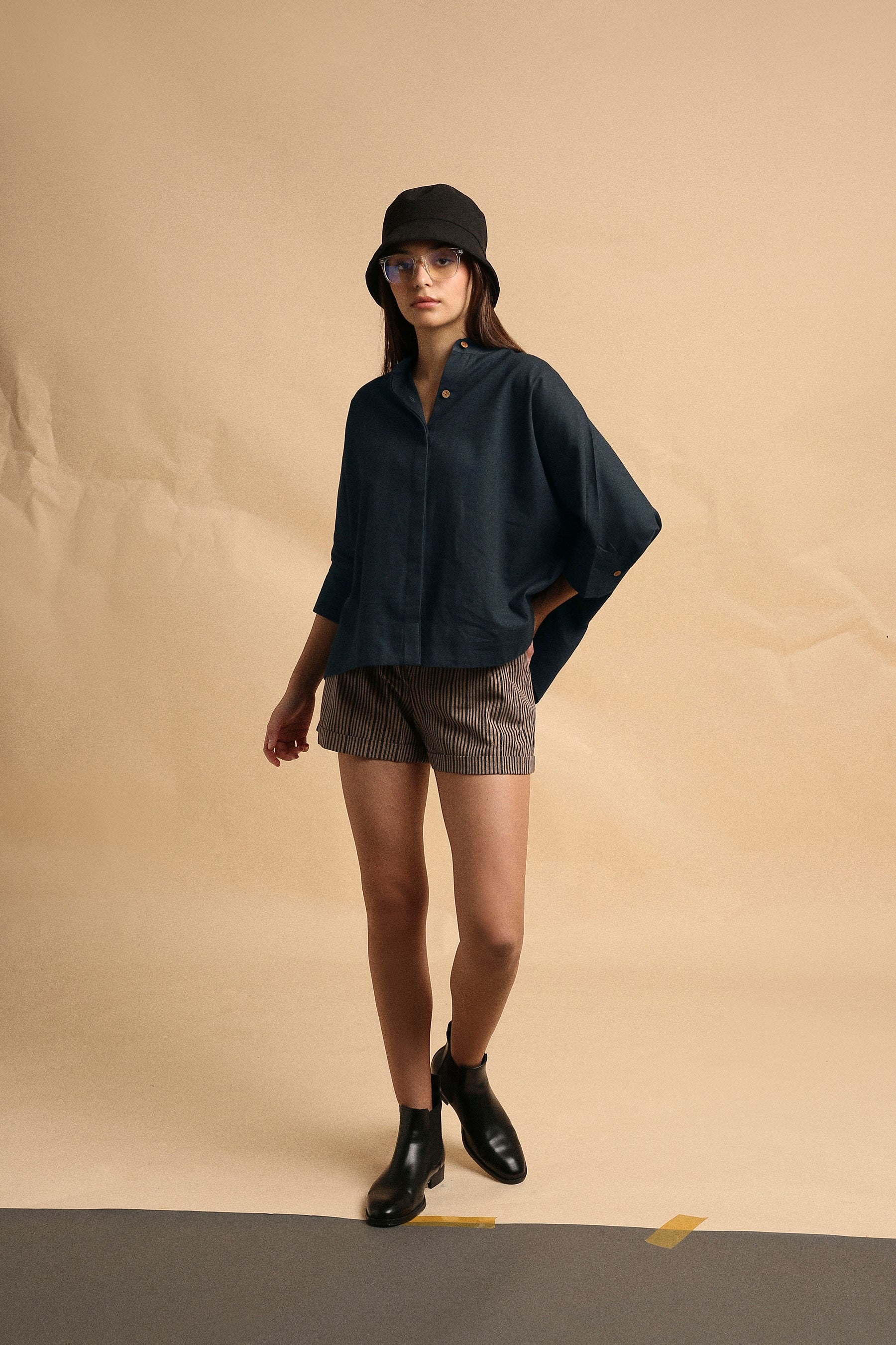 Charcoal Oversized Ret Shirt & Brown Striped PL Shorts Set (2 PCS)