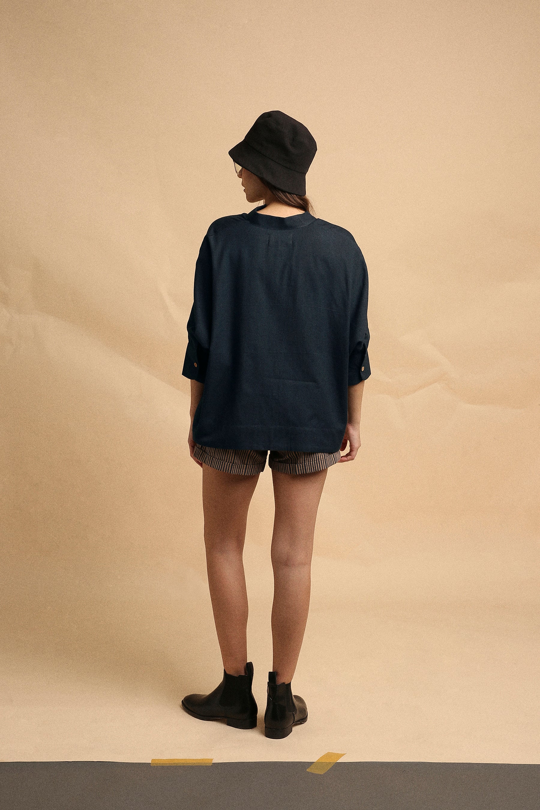 Charcoal Oversized Ret Shirt & Brown Striped PL Shorts Set (2 PCS)