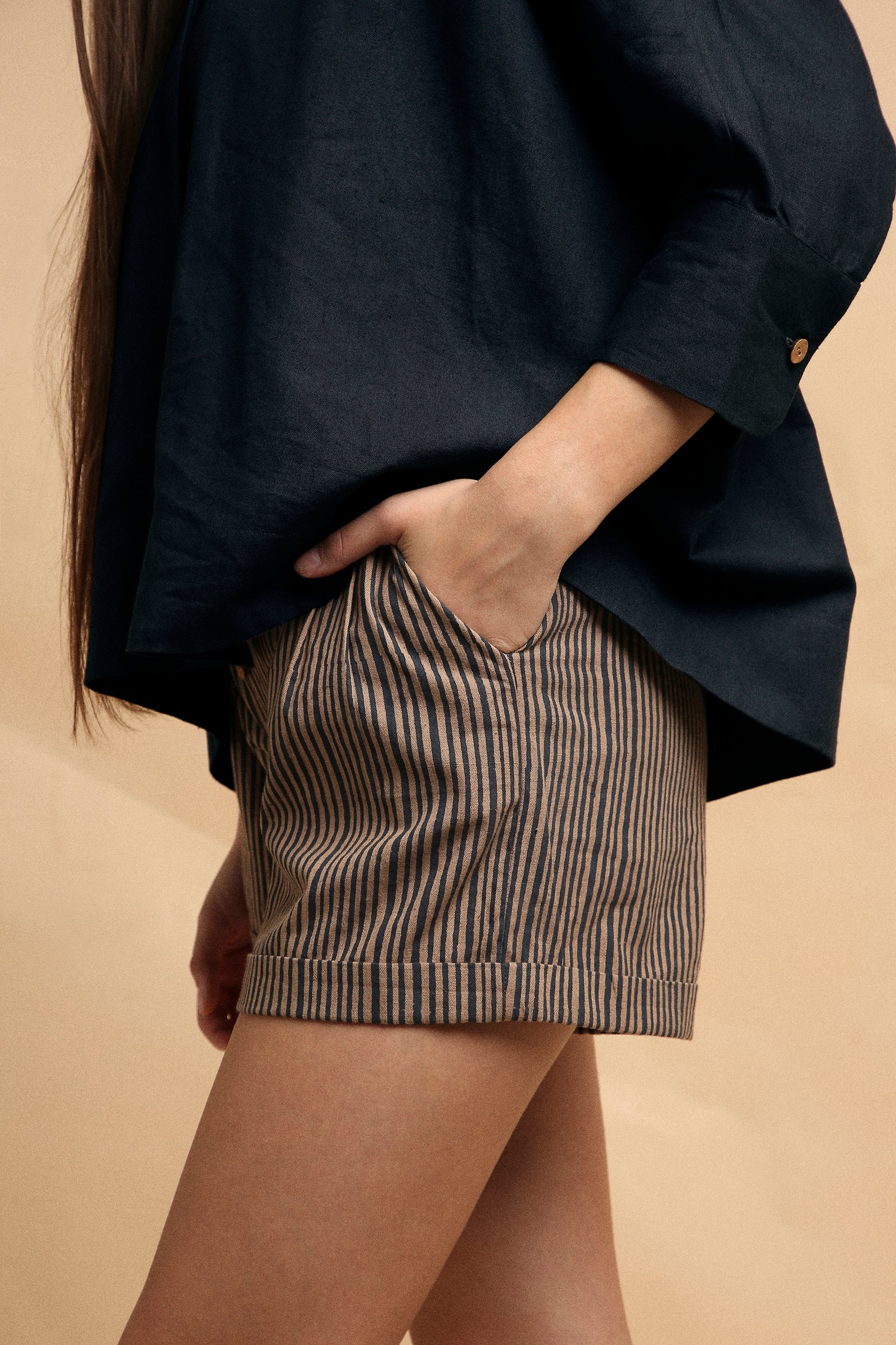 Charcoal Oversized Ret Shirt & Brown Striped PL Shorts Set (2 PCS)