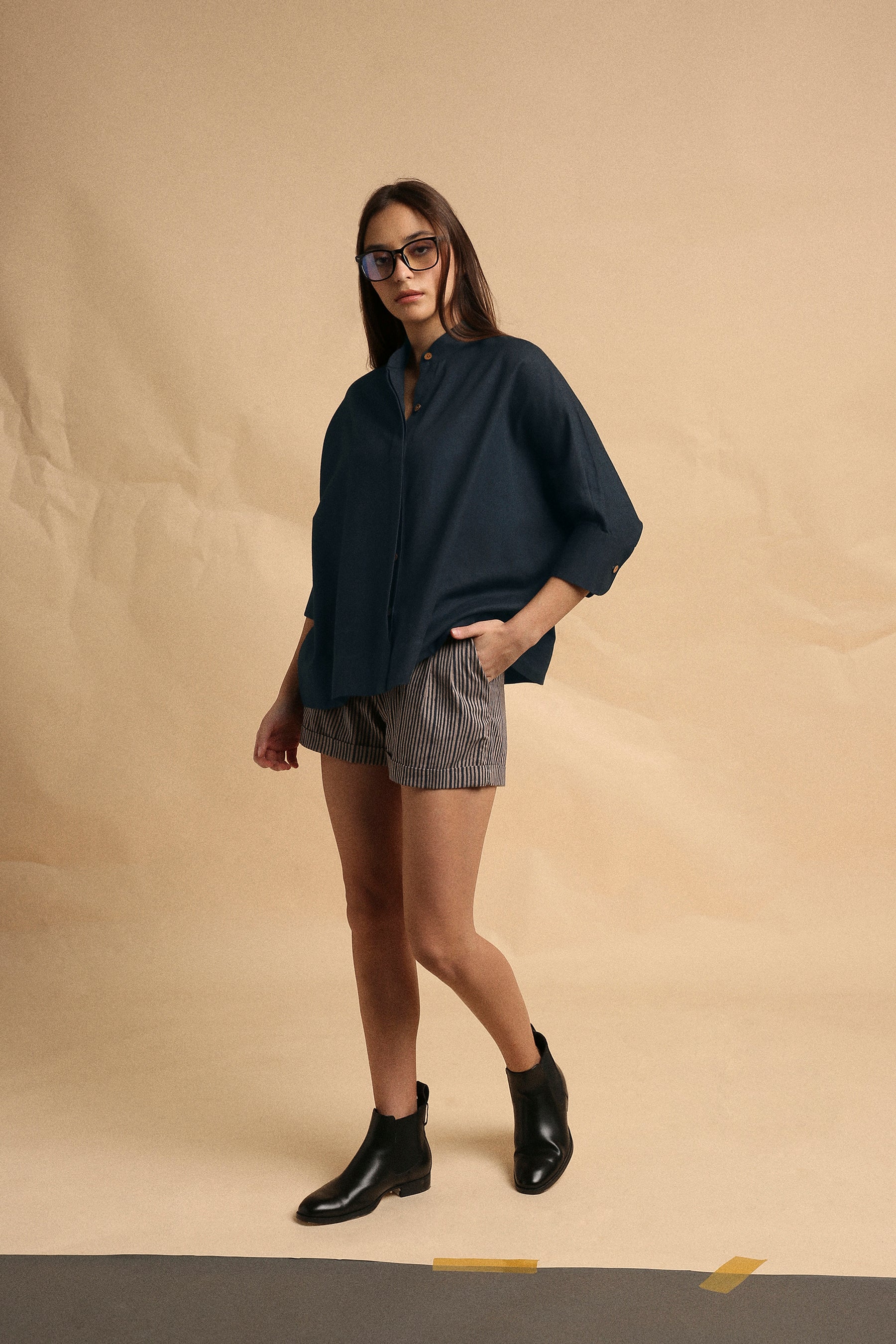 Charcoal Oversized Ret Shirt & Gray Striped PL Shorts Set (2 PCS)-Mati