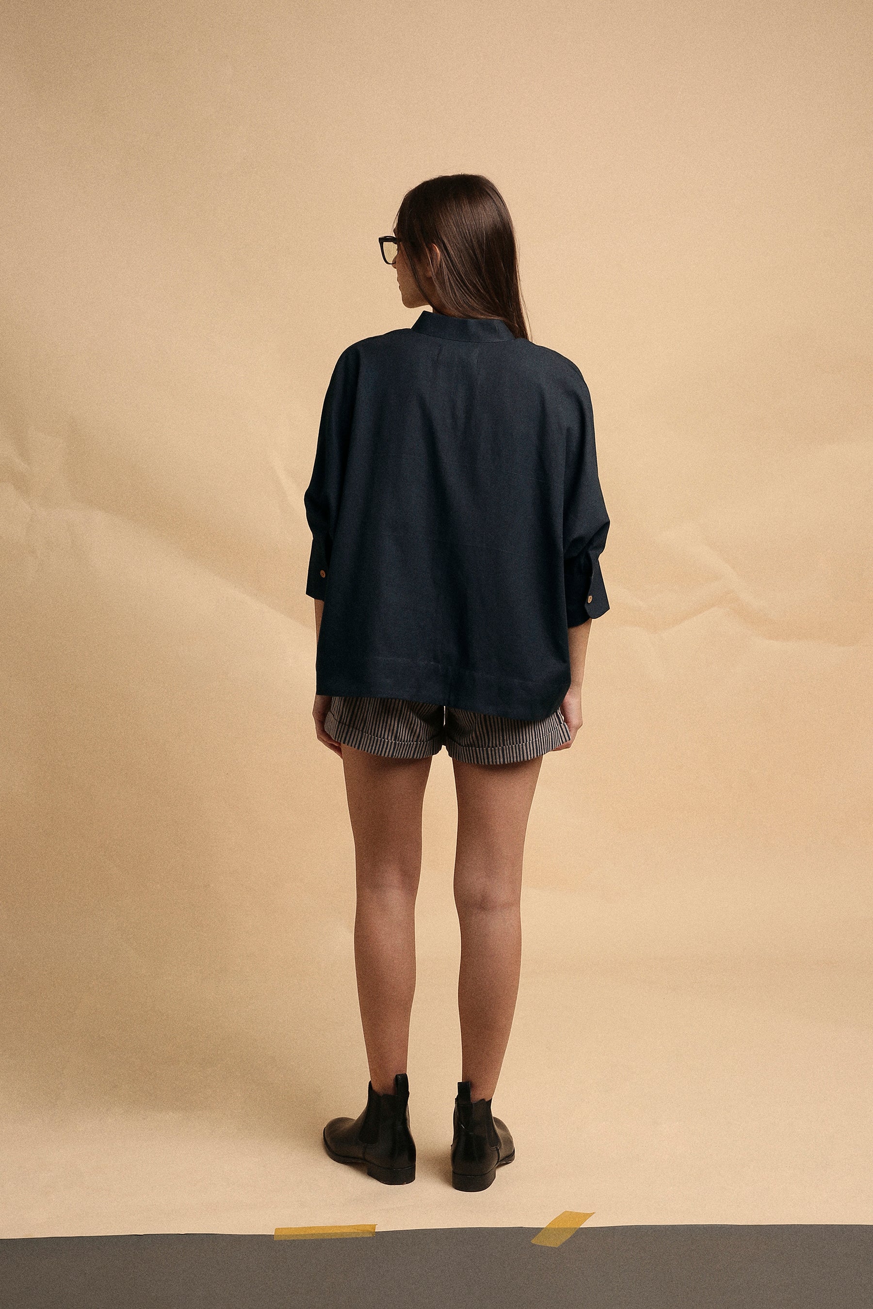 Charcoal Oversized Ret Shirt & Gray Striped PL Shorts Set (2 PCS)-Mati