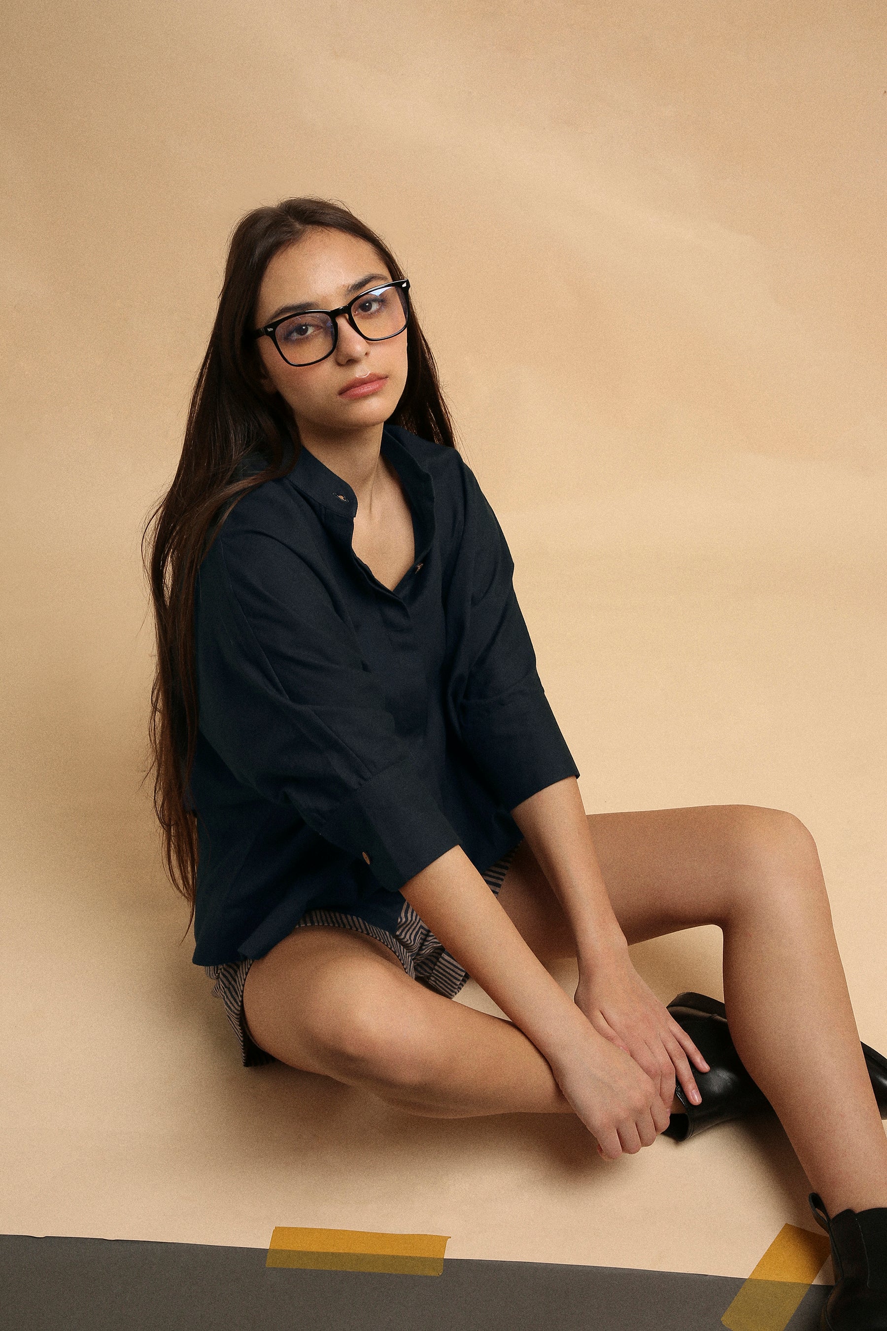 Charcoal Oversized Ret Shirt & Gray Striped PL Shorts Set (2 PCS)-Mati