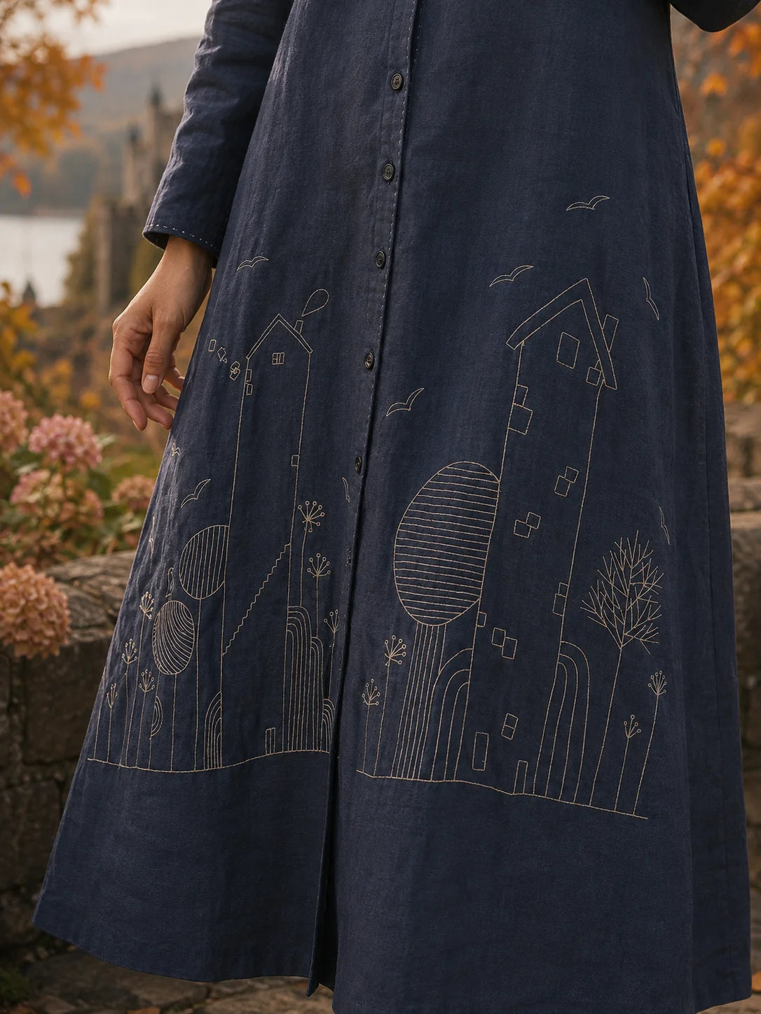 NAVY KANTHA STITCH 2 POCKET LONG DRESS