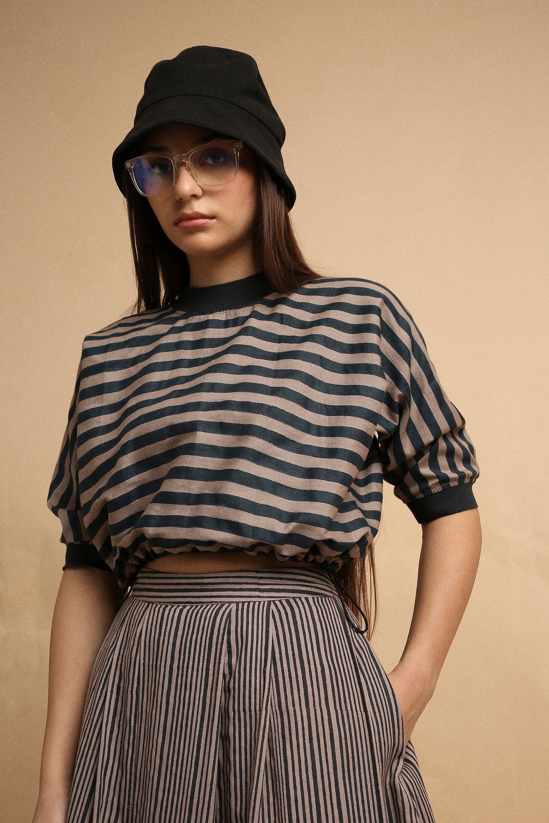 Gray Med Striped New Sphara Crop Top- Mati