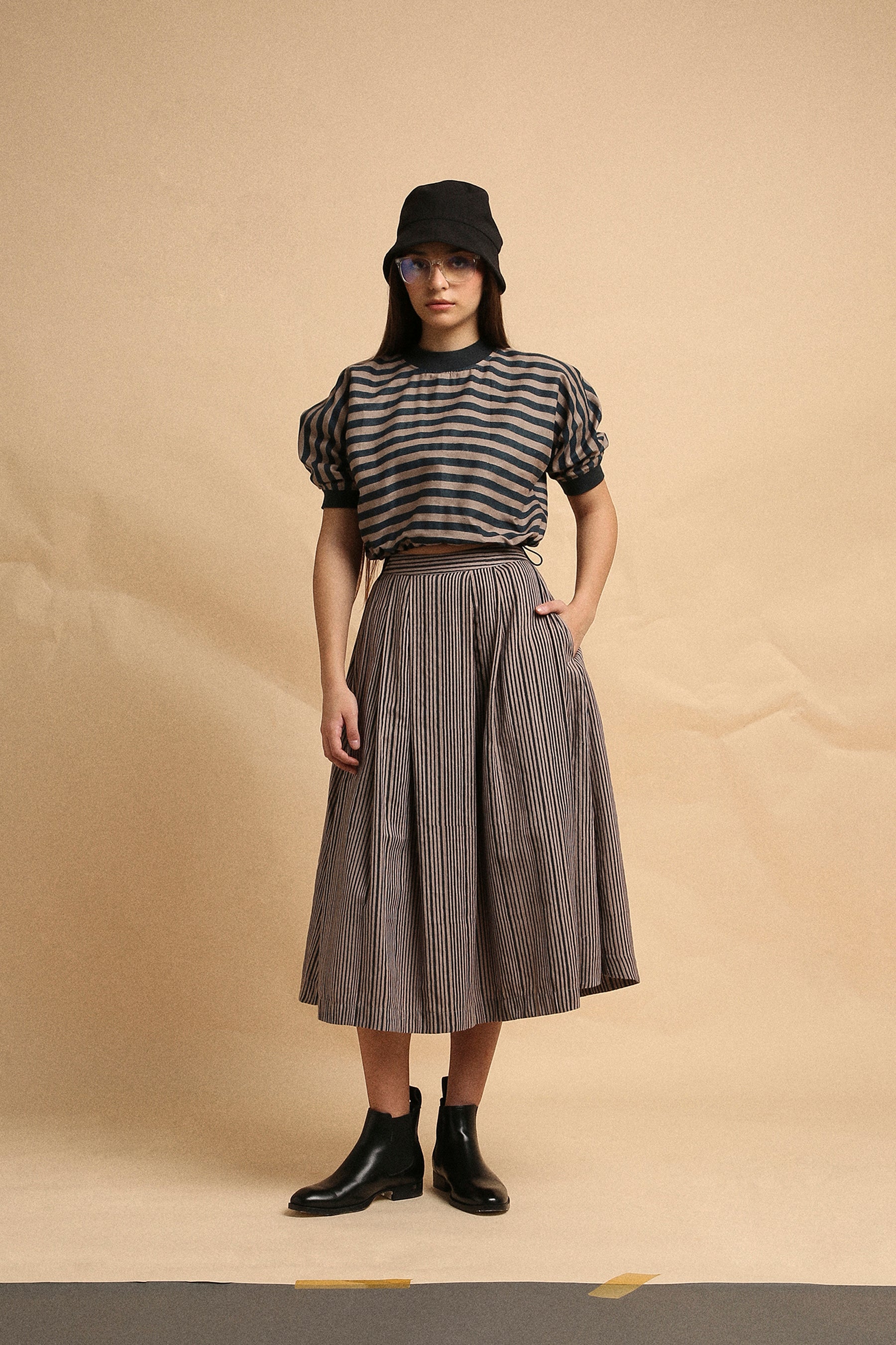 Gray Medium Striped New Sphara Crop Top & Skirt Co-Ord Set (2 PCS)