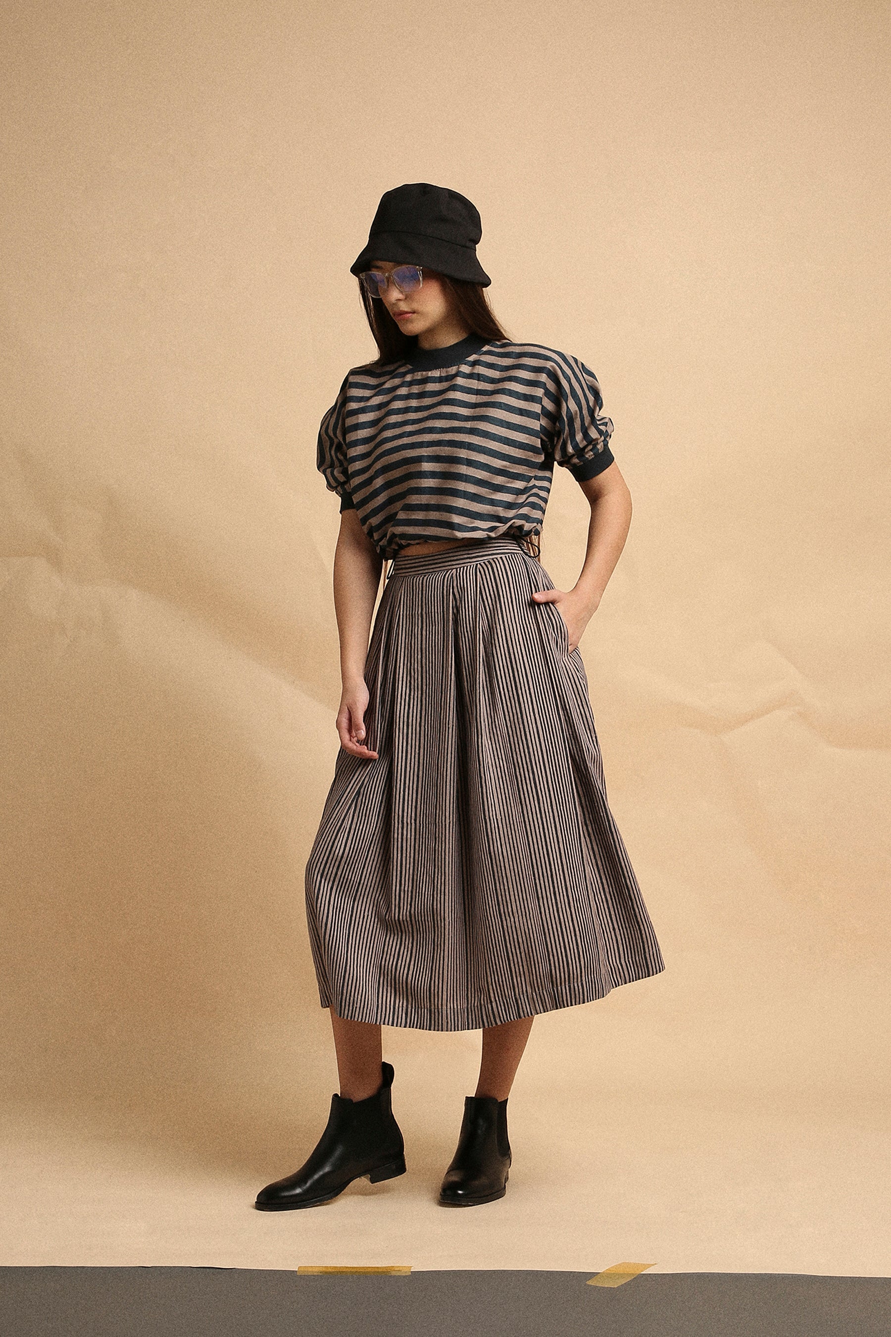 Gray Medium Striped New Sphara Crop Top & Skirt Co-Ord Set (2 PCS)