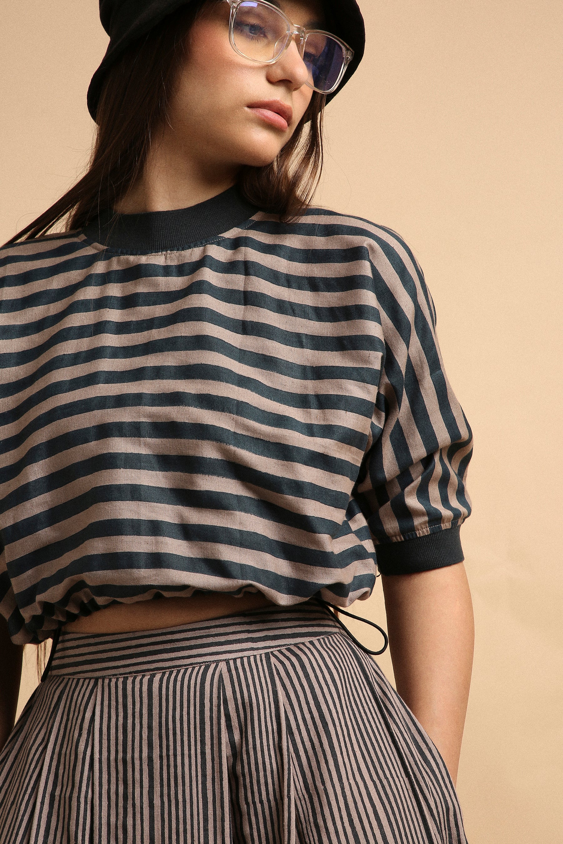 Gray Medium Striped New Sphara Crop Top & Skirt Co-Ord Set (2 PCS)