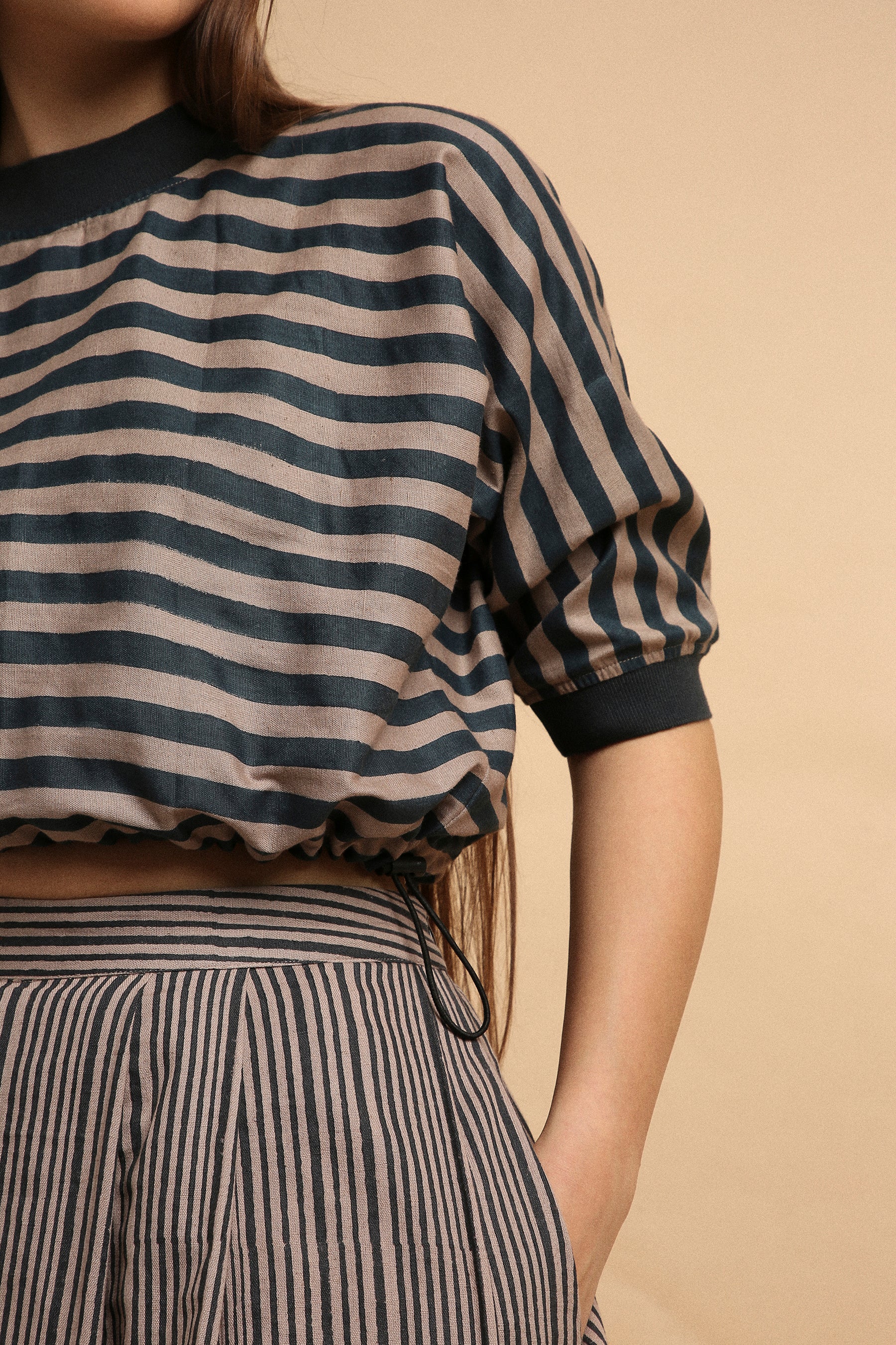 Gray Medium Striped New Sphara Crop Top & Skirt Co-Ord Set (2 PCS)