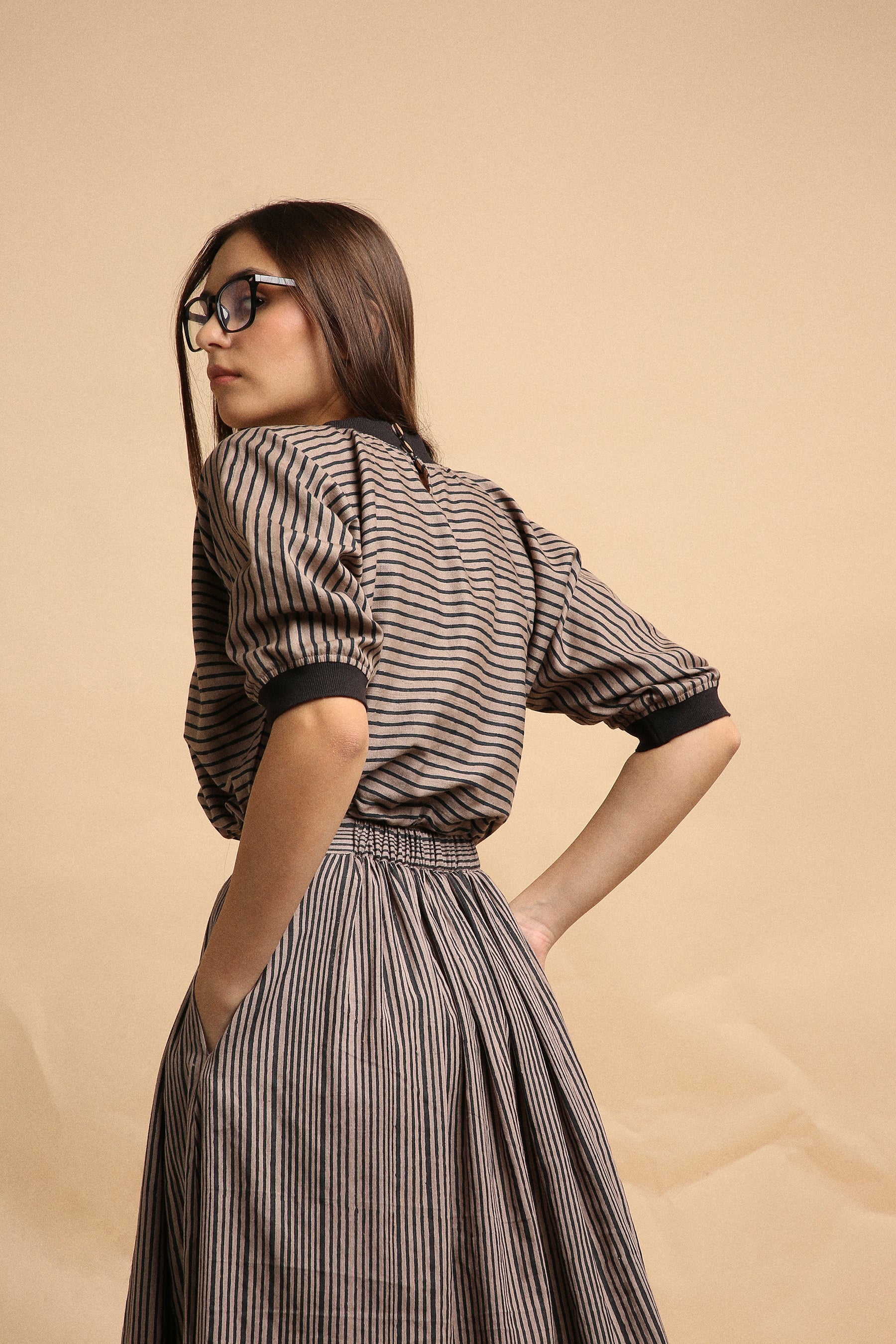 Grey Thin Striped New Sphara Crop Top & Skirt Co-Ord Set (2 PCS)-Mati