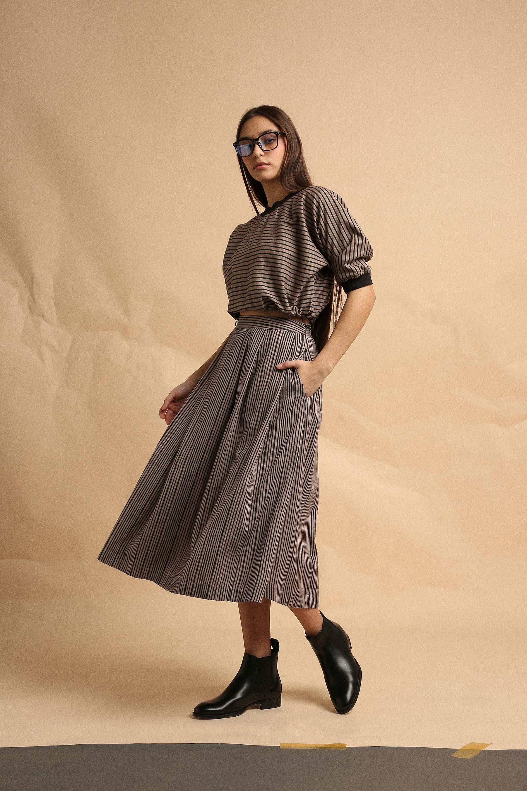 Grey Thin Striped New Sphara Crop Top & Skirt Co-Ord Set (2 PCS)-Mati