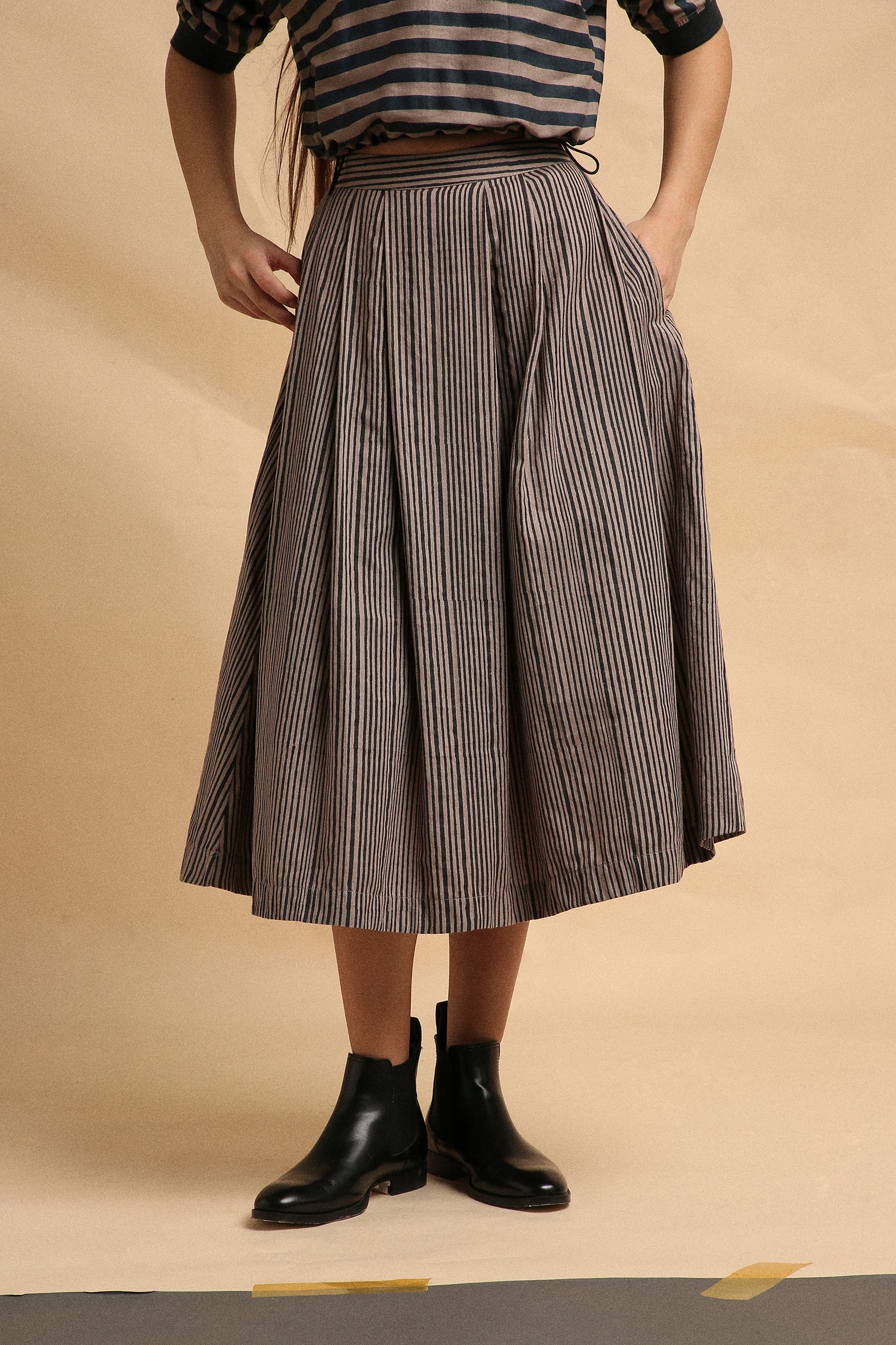 Grey with Narrow Charcoal Striped Box Pleated Skirt- Mati