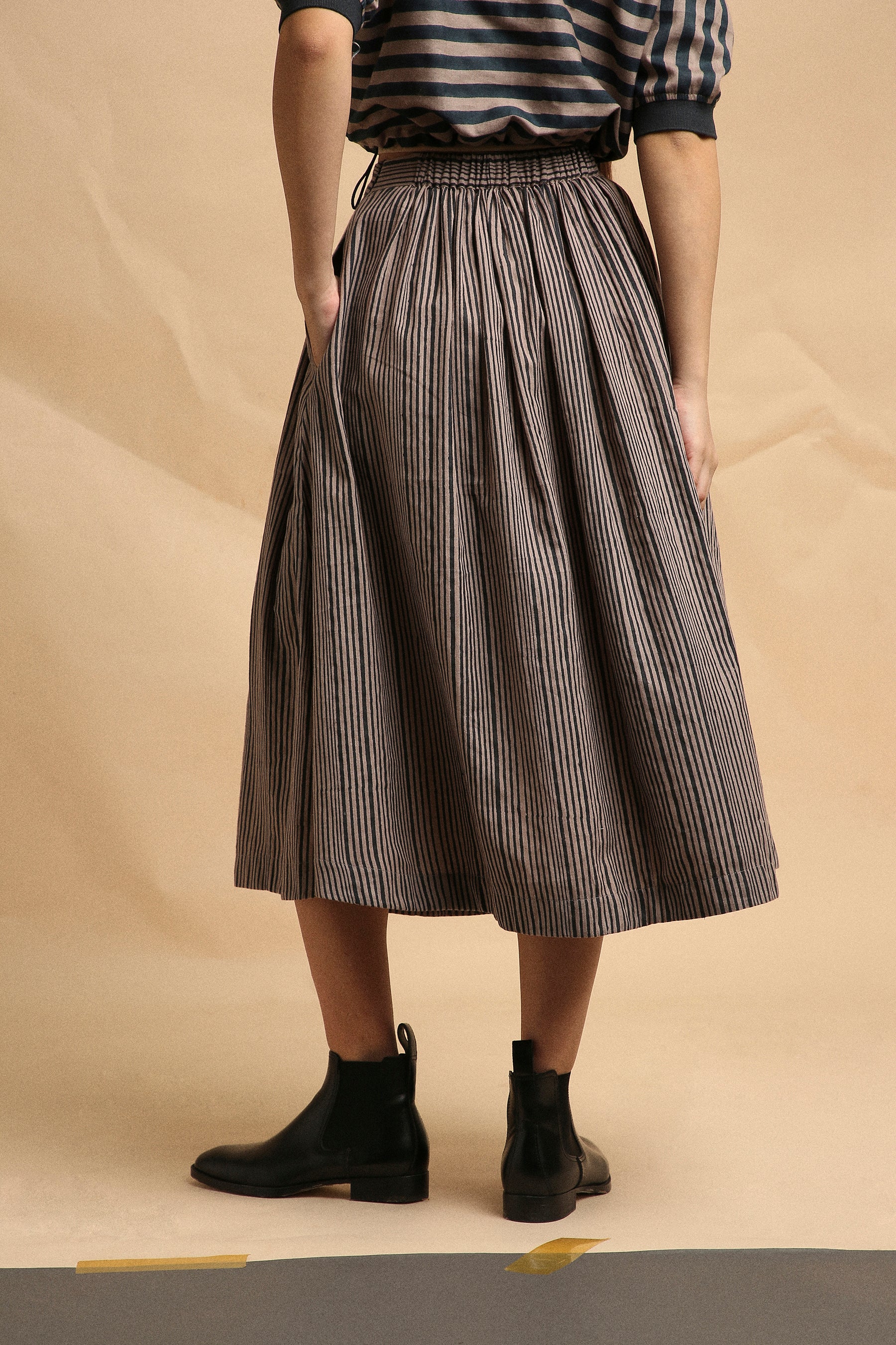 Grey with Narrow Charcoal Striped Box Pleated Skirt- Mati