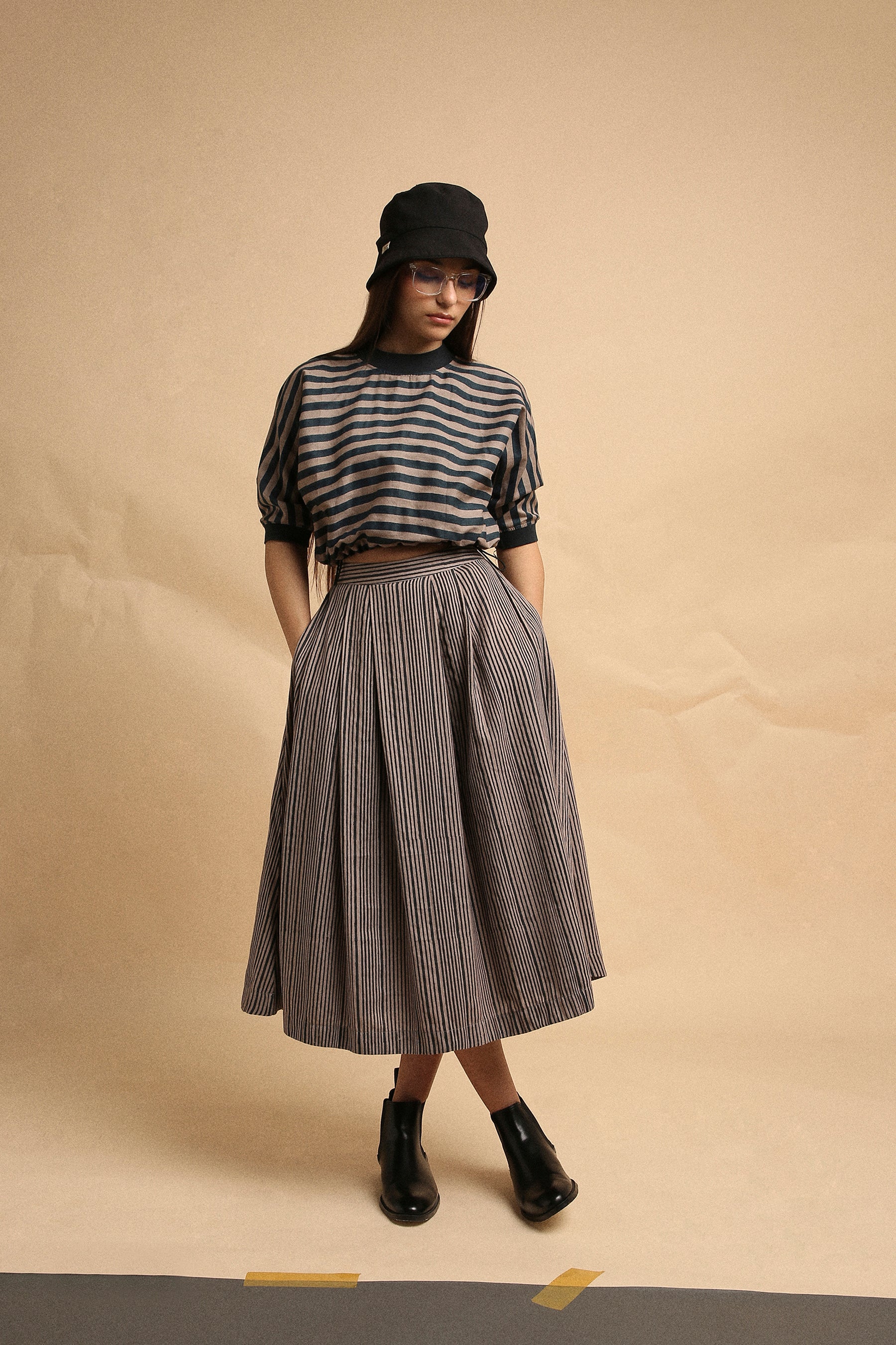 Grey with Narrow Charcoal Striped Box Pleated Skirt- Mati