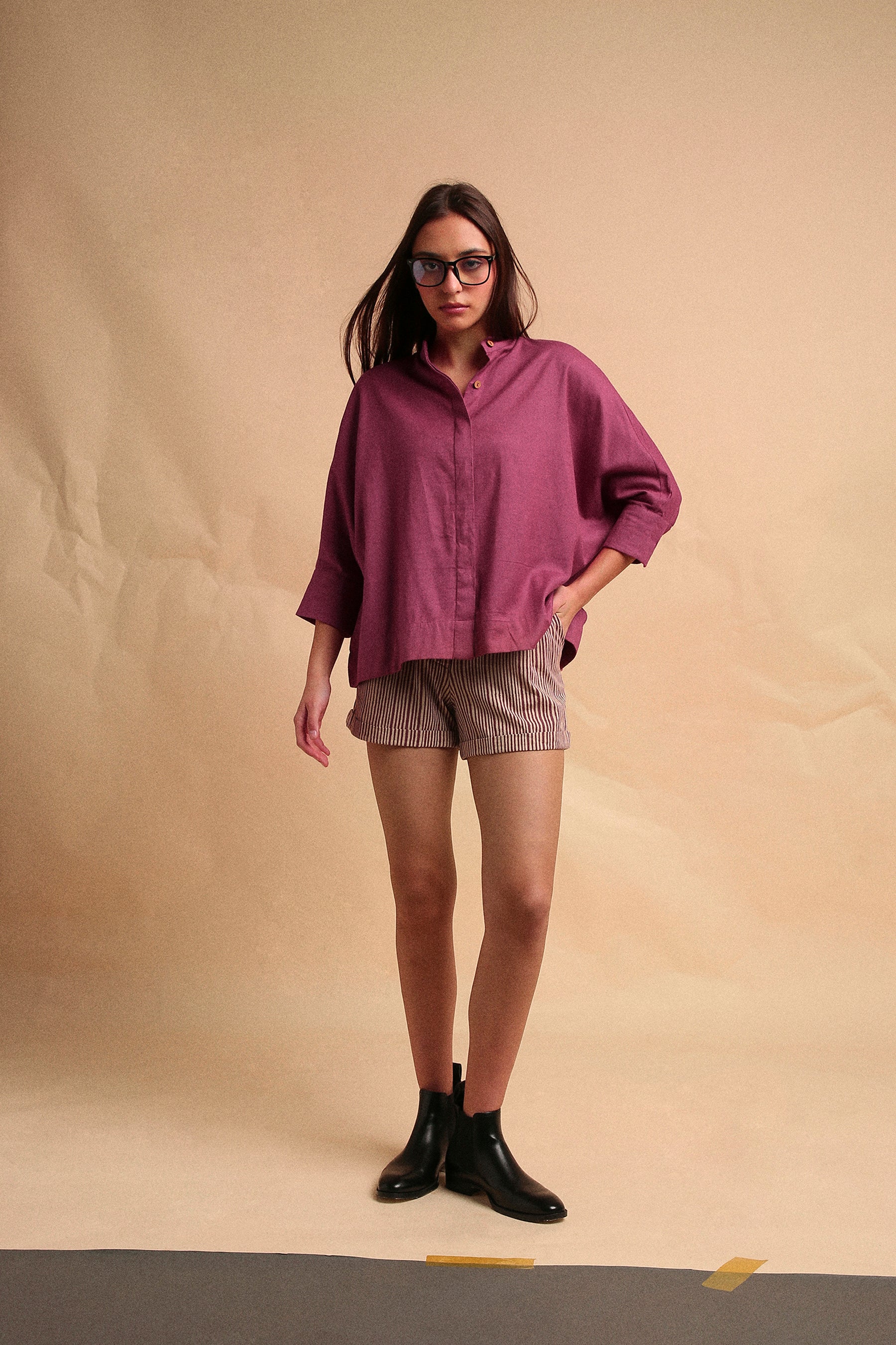 Mauve Oversized Ret Shirt & Beige Striped PL Shorts Set (2 PCS) - Mati