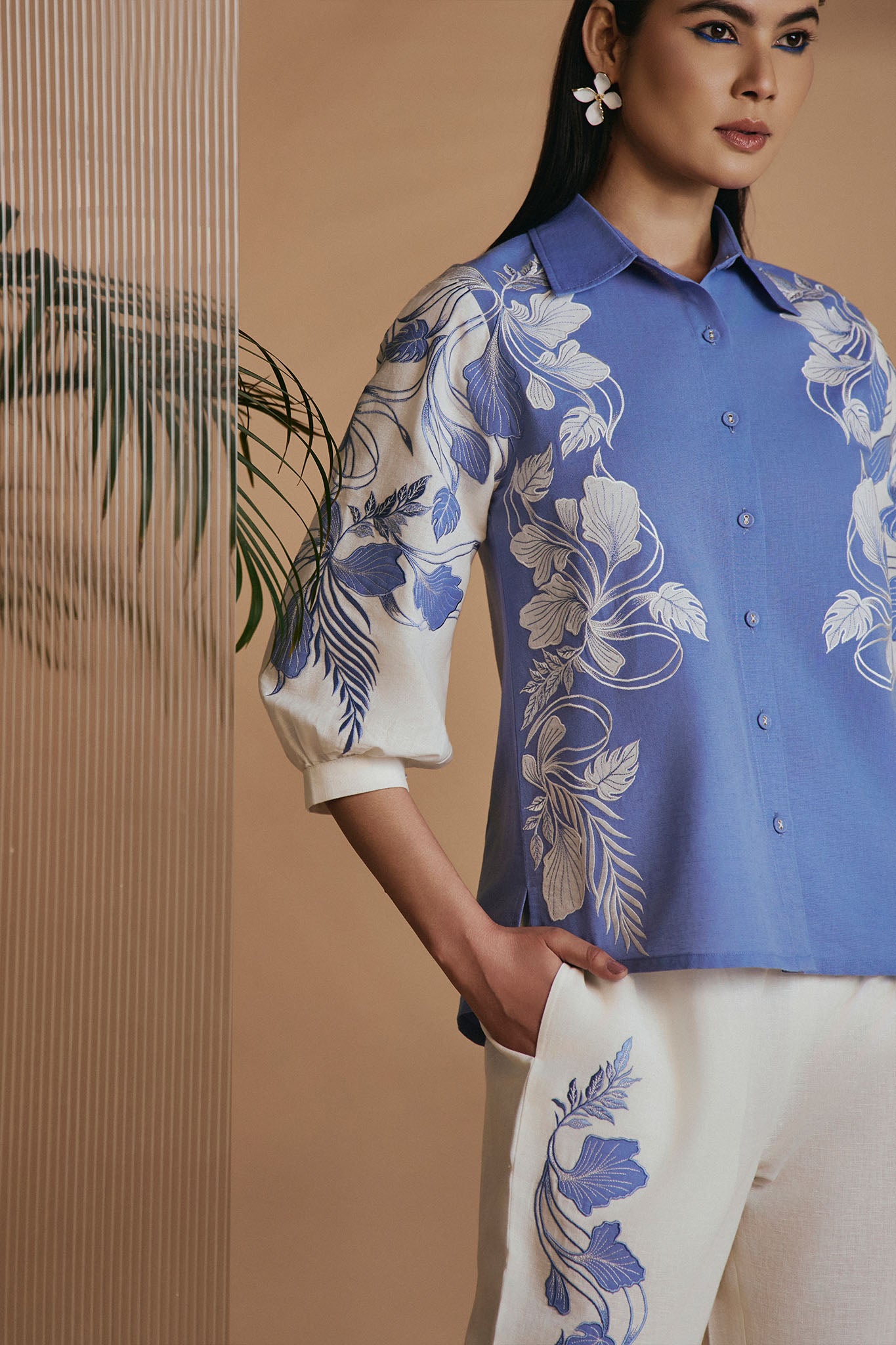 ORIGANI Blue Ivory Petal Safari Co-ord Set
