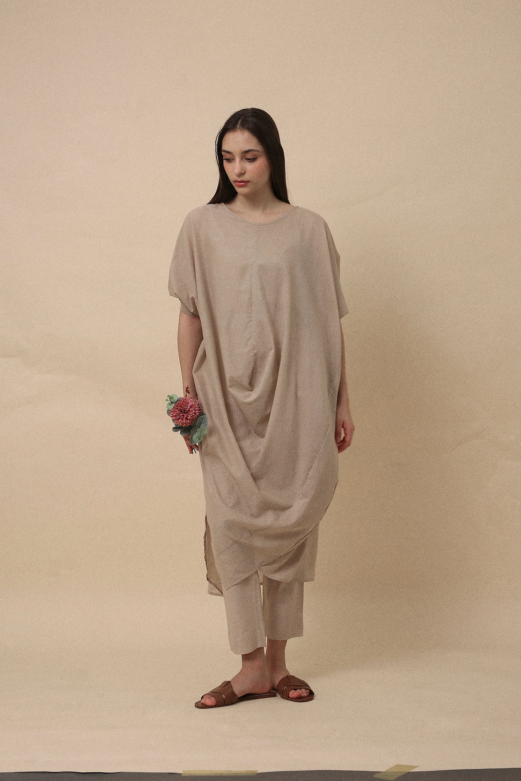 Sand Rib Mul Cowl Tunic Co-Ord Set (2 PCS)- Mati