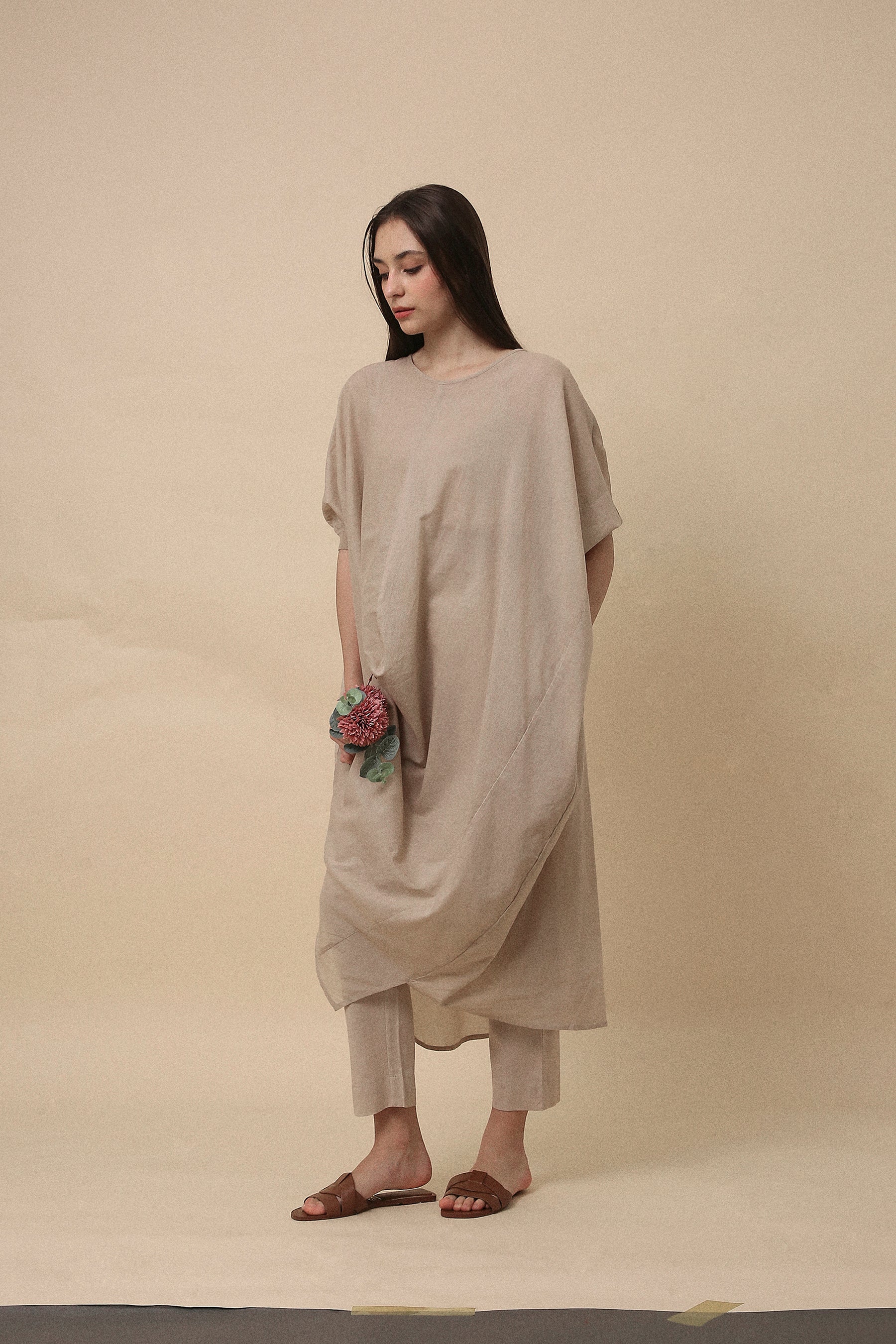 Sand Rib Mul Cowl Tunic Co-Ord Set (2 PCS)- Mati