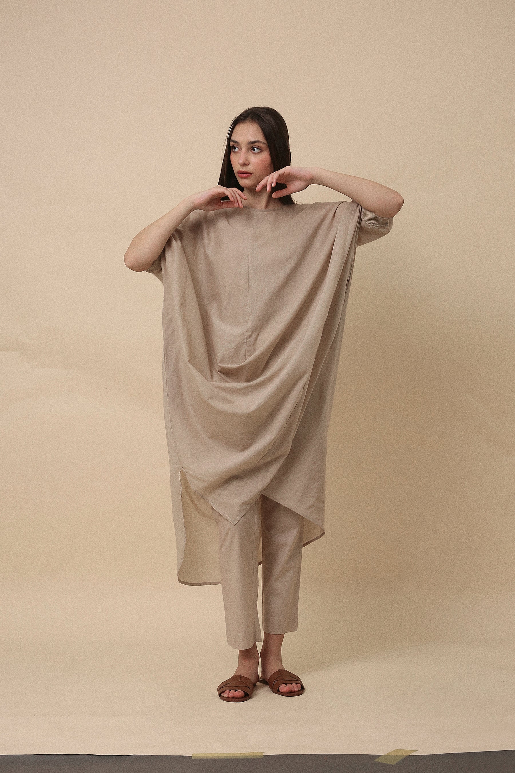 Sand Rib Mul Cowl Tunic Co-Ord Set (2 PCS)- Mati