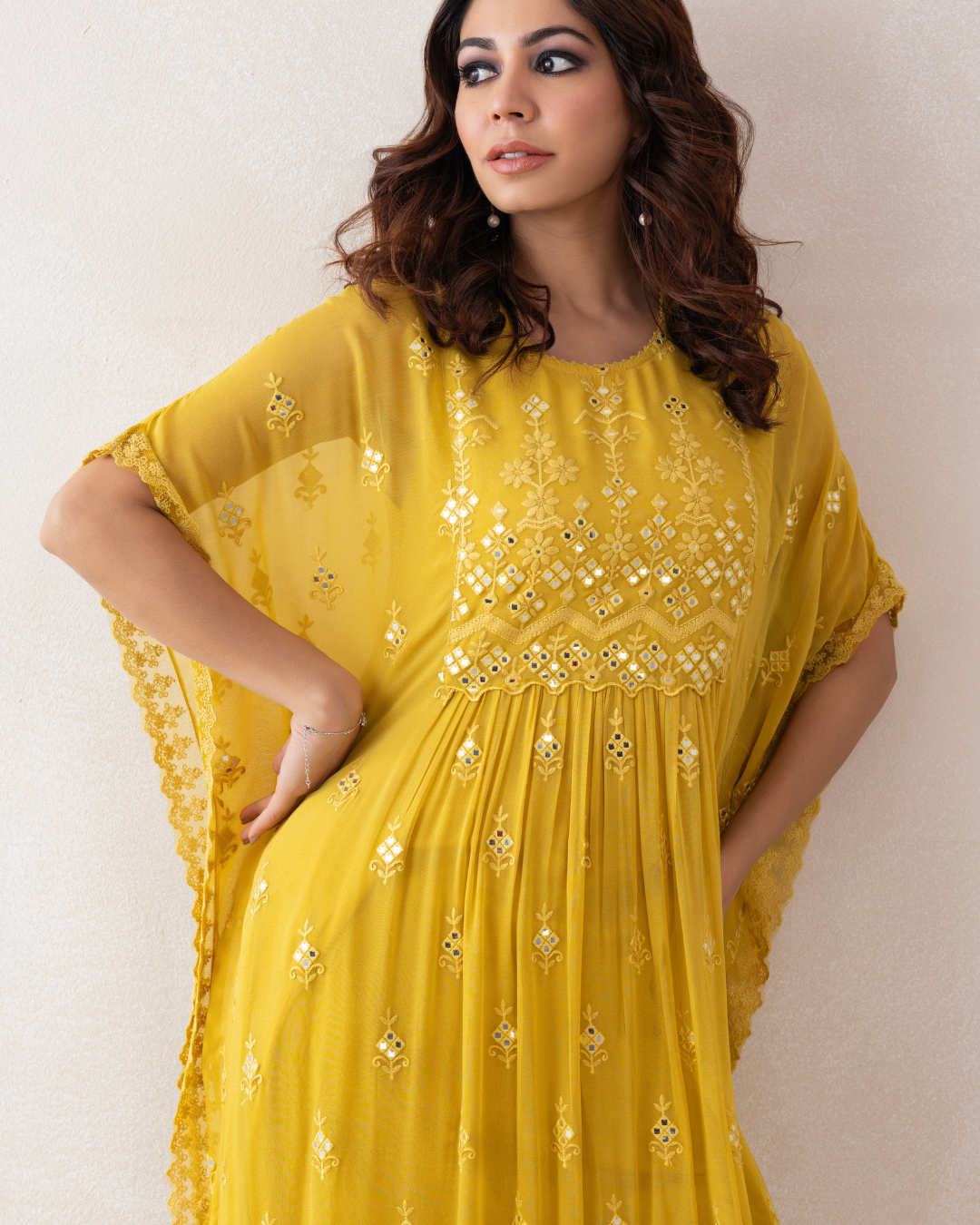 Aabroo Kaftan 3-Piece Set (Off-White & Yellow)