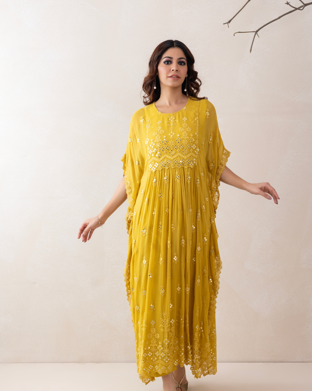 Aabroo Kaftan 3-Piece Set (Off-White & Yellow)