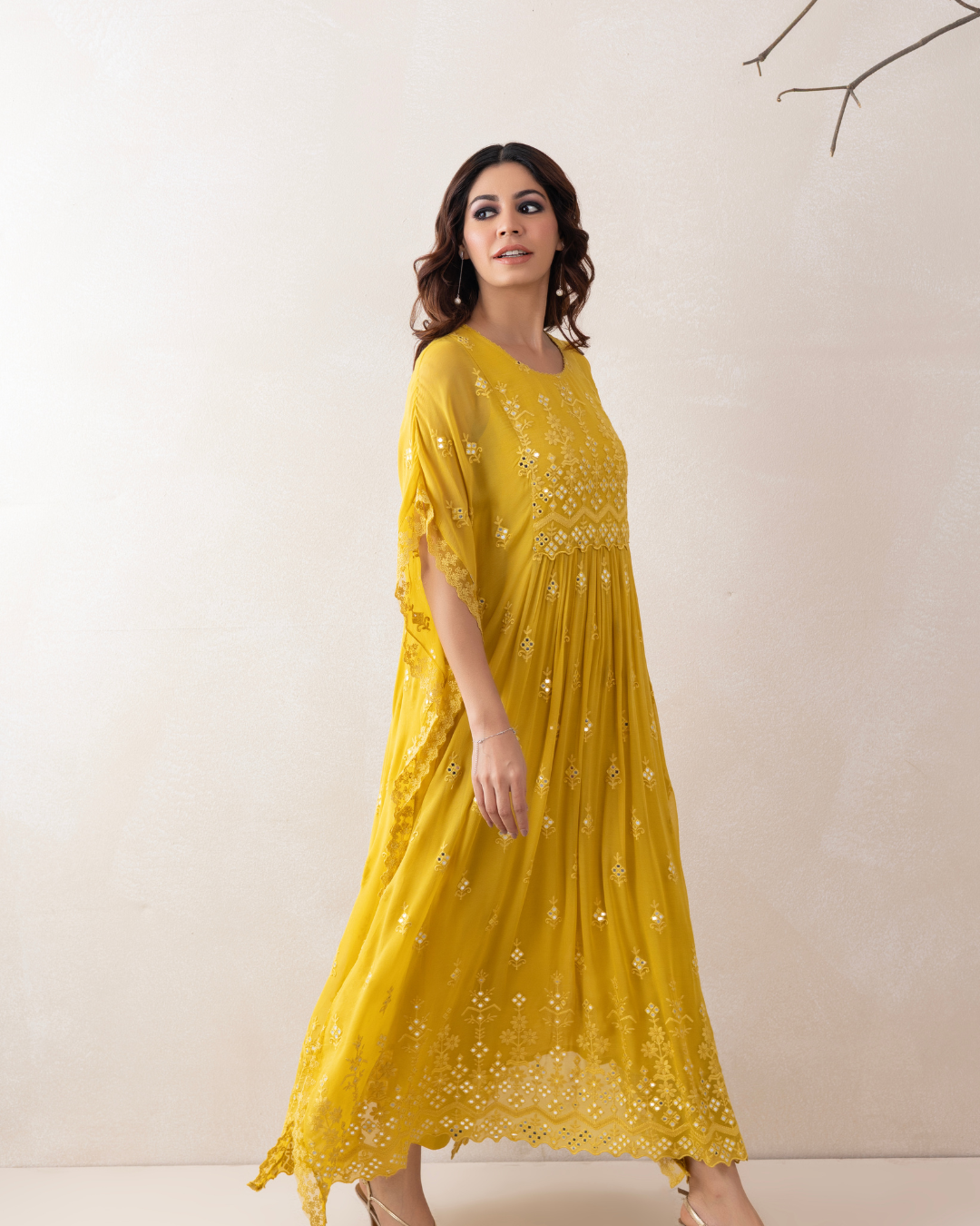 Aabroo Kaftan 3-Piece Set (Off-White & Yellow)