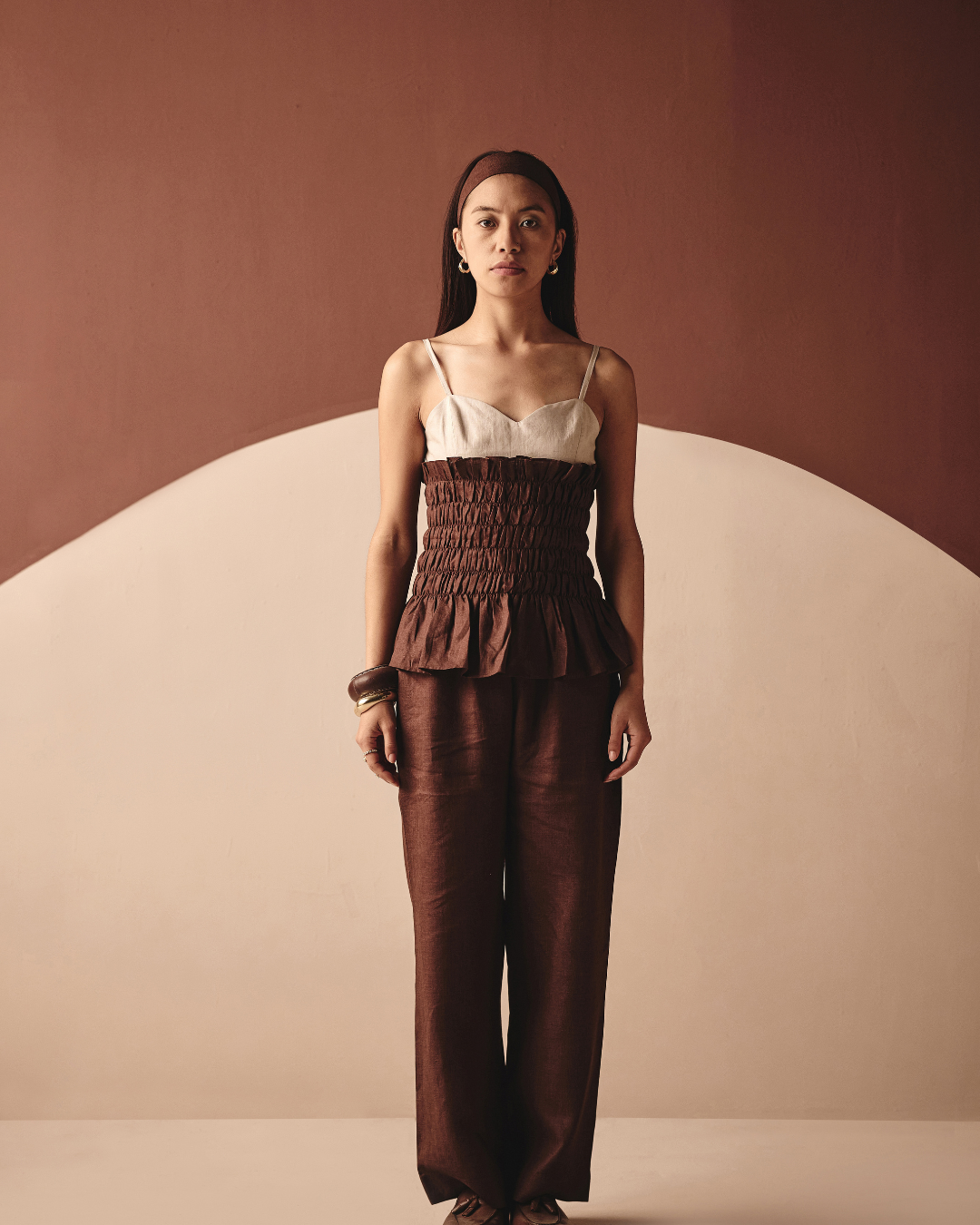 Dual Smocking Co-ord Set - Navy & Brown-  Shop Nirvanaa