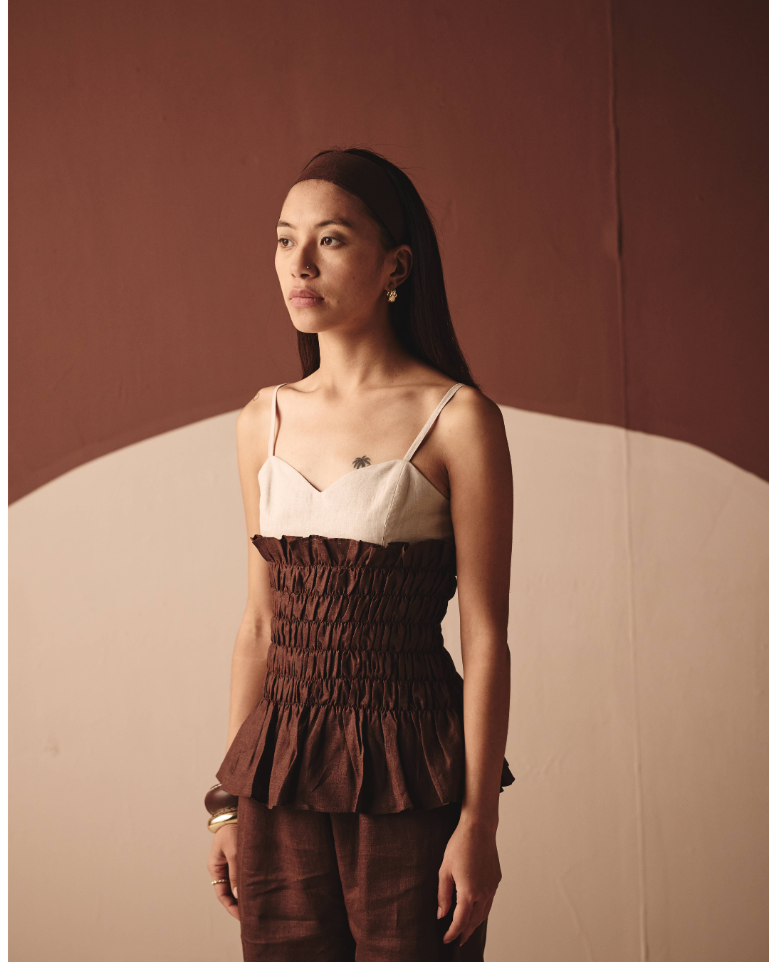 Dual Smocking Co-ord Set - Navy & Brown-  Shop Nirvanaa