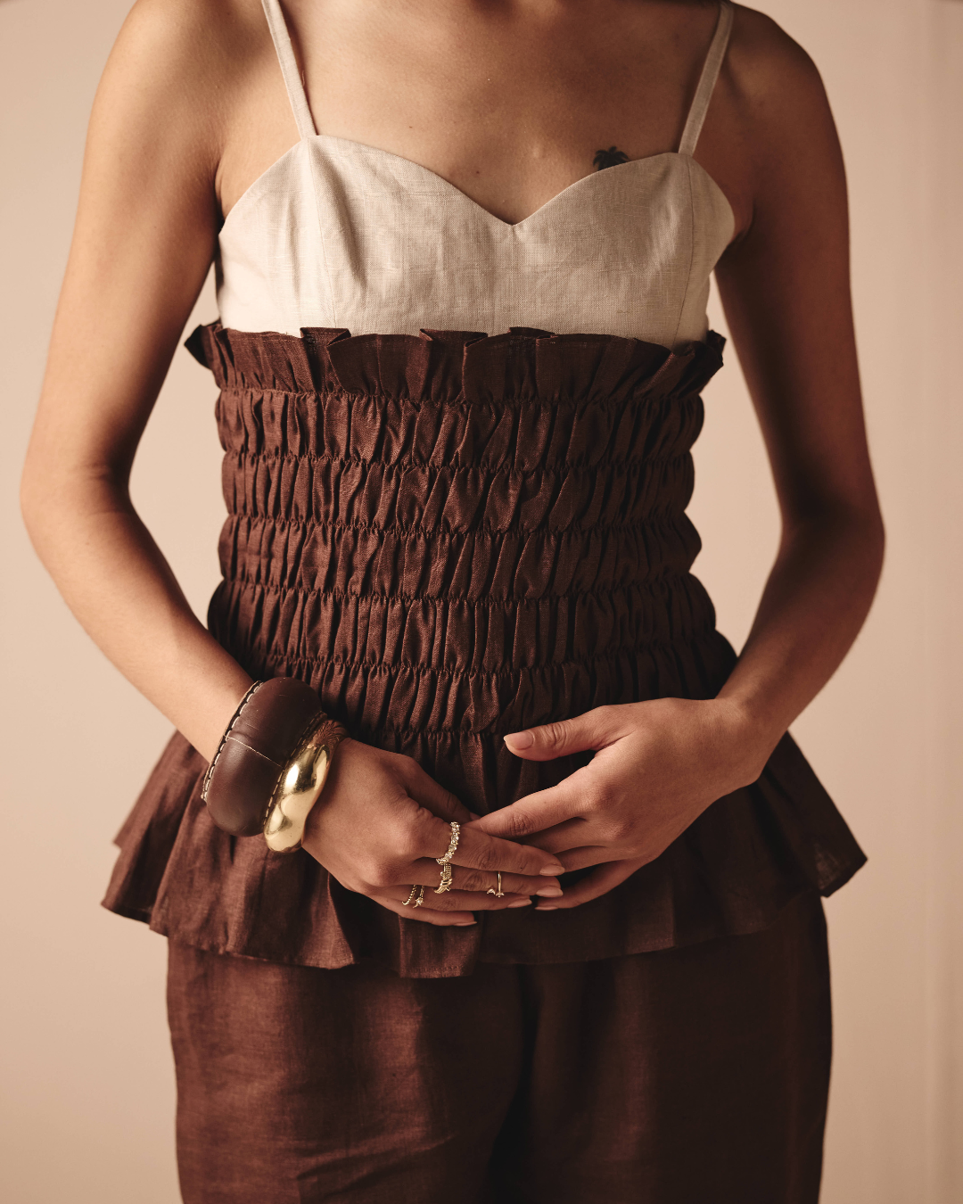 Dual Smocking Co-ord Set - Navy & Brown-  Shop Nirvanaa