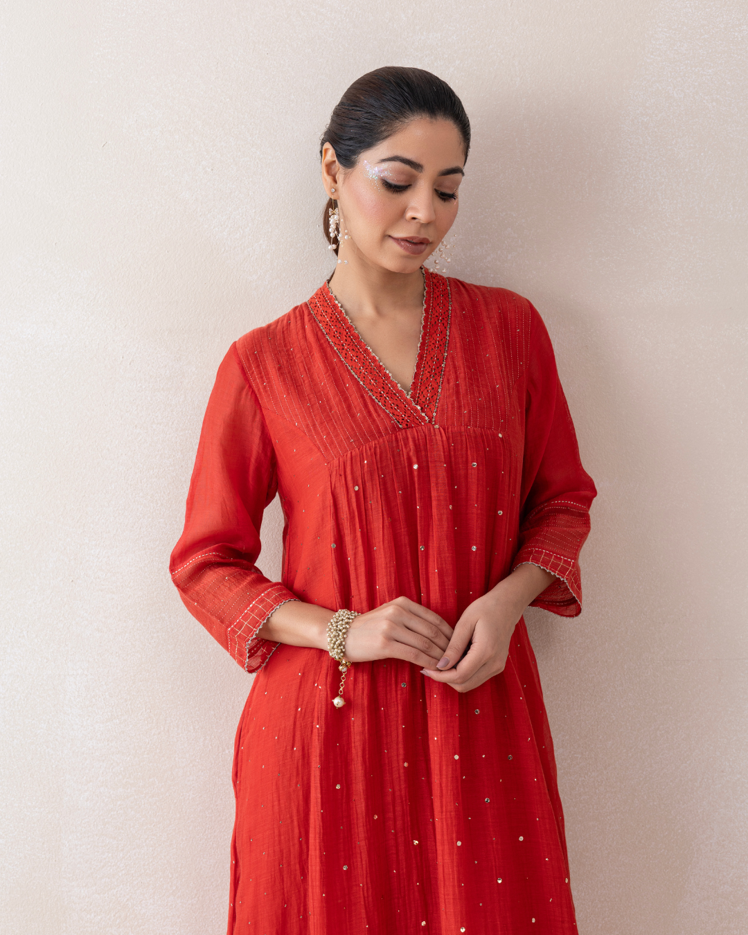 Sitara Dress (Crimson Red Mukaish Chanderi)