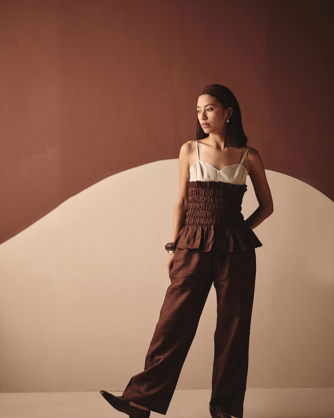 Dual Smocking Co-ord Set - Navy & Brown-  Shop Nirvanaa