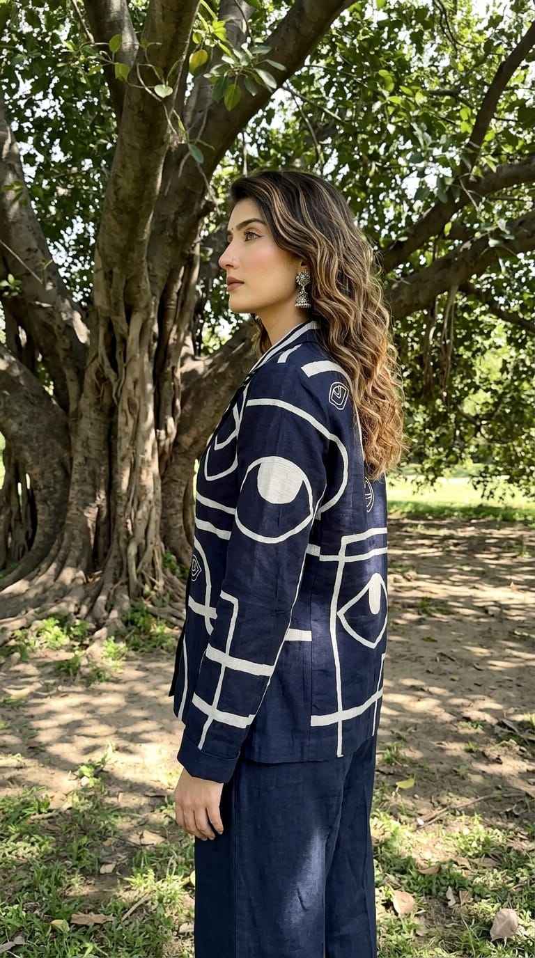 NAVY EYE ALL OVER EMBROIDERED BLAZER