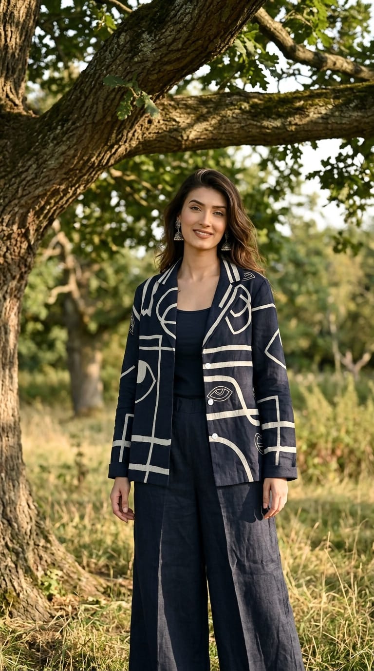 NAVY EYE ALL OVER EMBROIDERED BLAZER