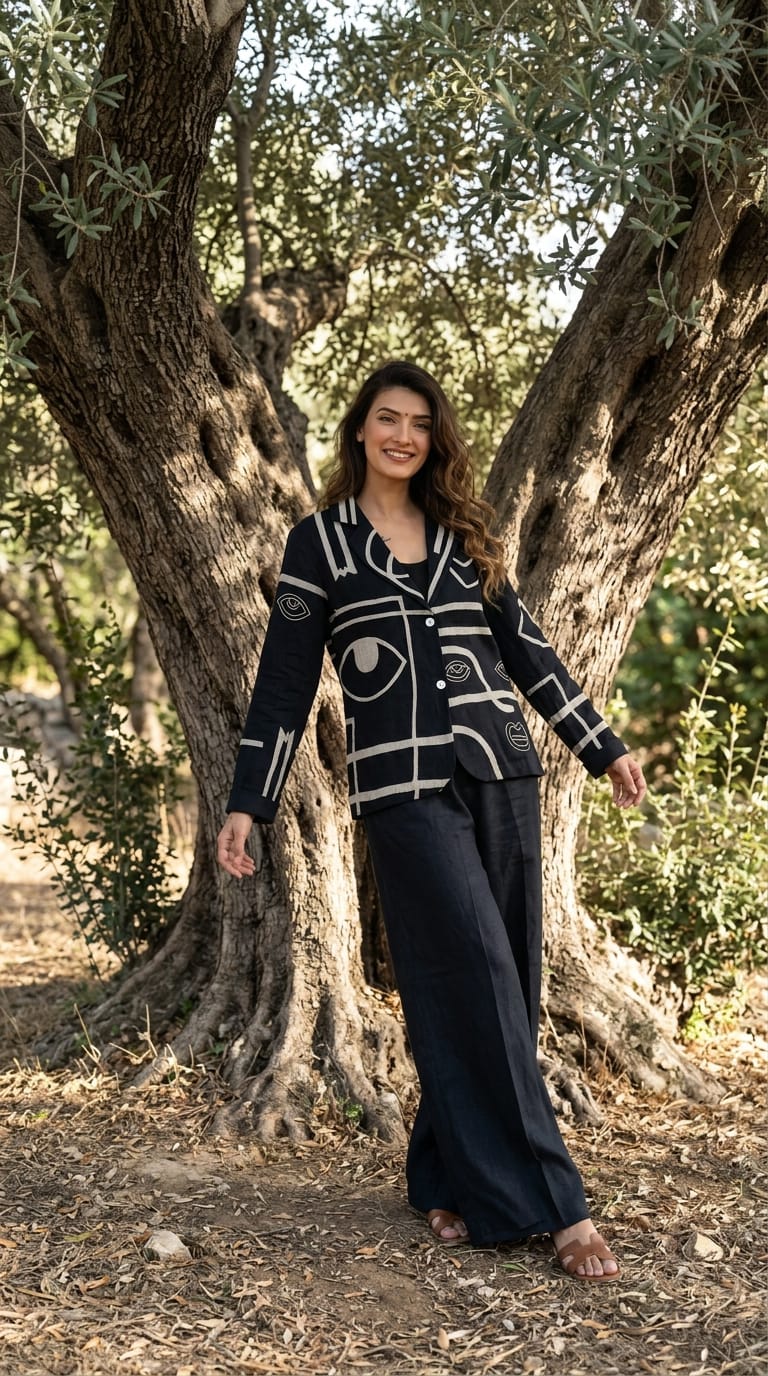 NAVY EYE ALL OVER EMBROIDERED BLAZER