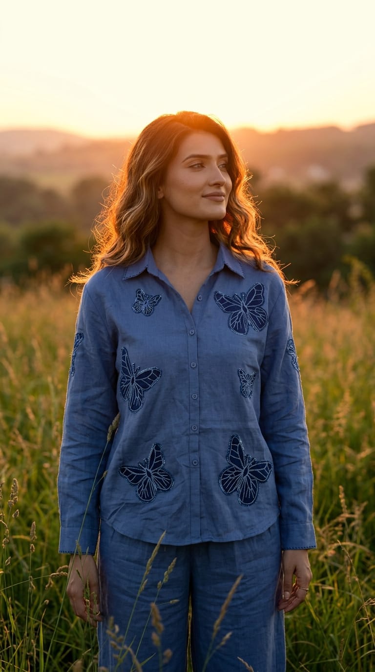 MID BLUE BUTTERFLY EMBROIDERY BIG SHIRT