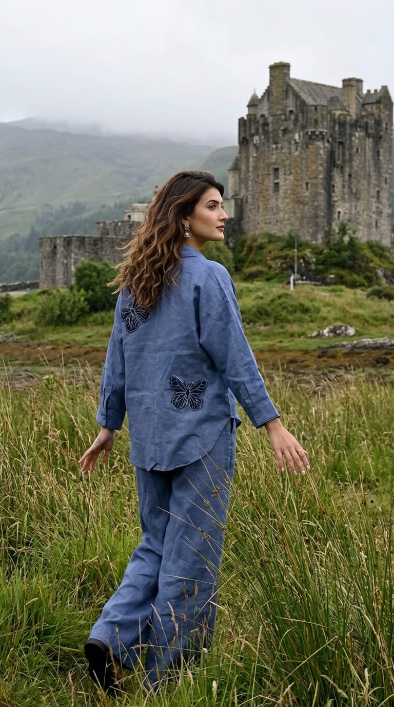 MID BLUE BUTTERFLY EMBROIDERY BIG SHIRT