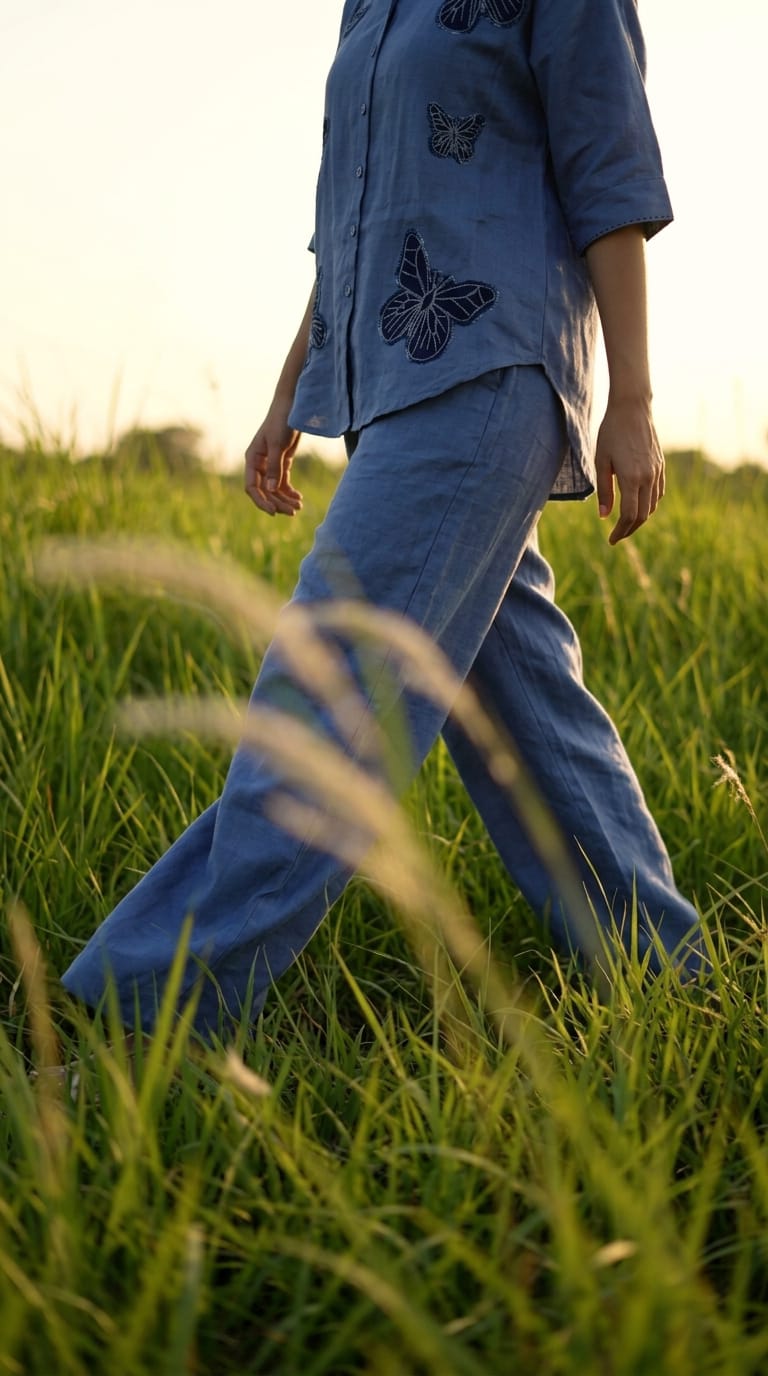 MID BLUE BUTTERFLY EMBROIDERY BIG SHIRT