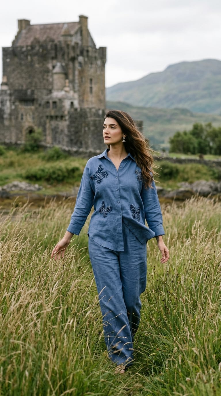 MID BLUE BUTTERFLY EMBROIDERY BIG SHIRT