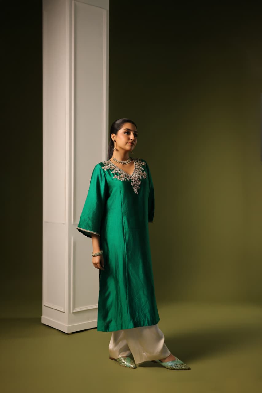 ORCHID A-LINE KURTA SET BOTTLE GREEN