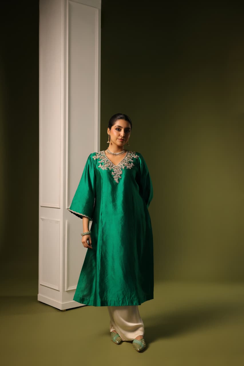 ORCHID A-LINE KURTA SET BOTTLE GREEN