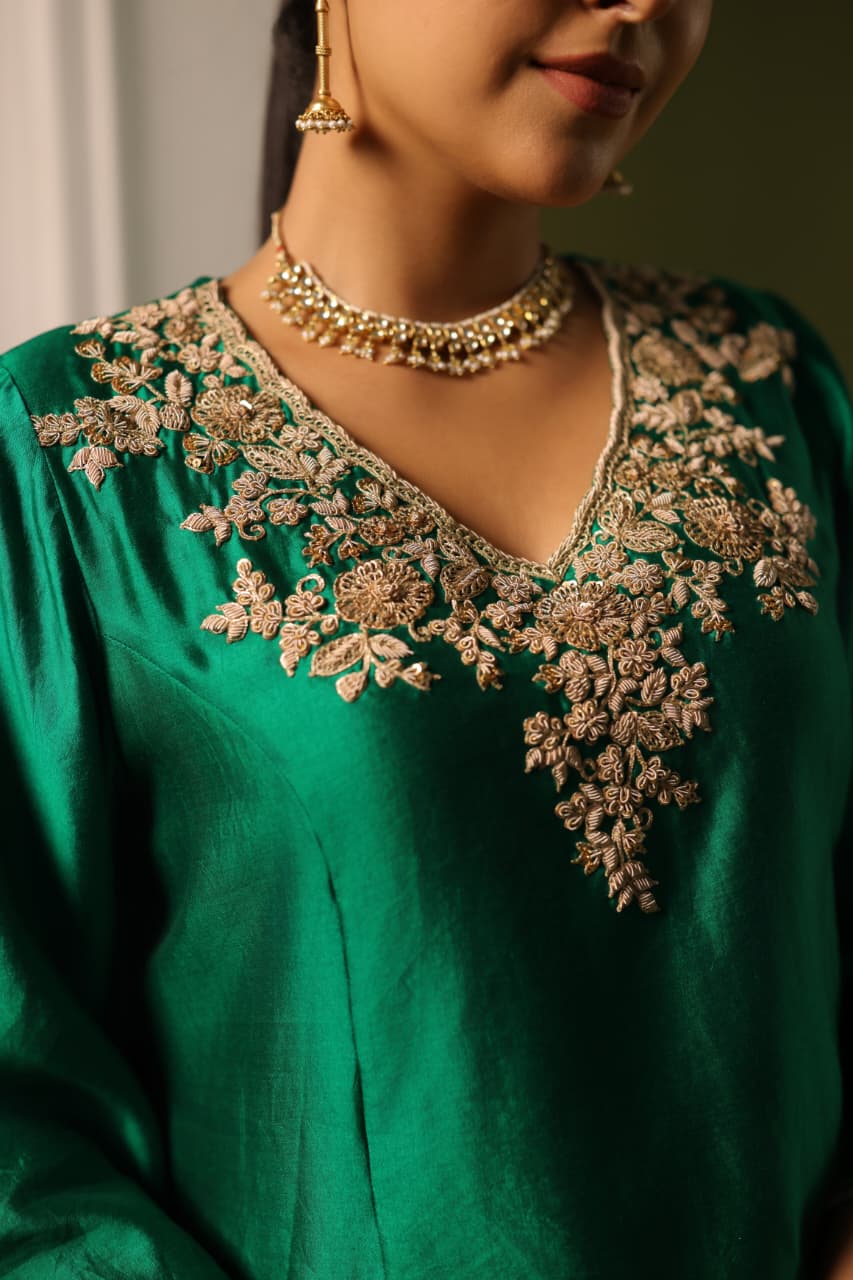 ORCHID A-LINE KURTA SET BOTTLE GREEN