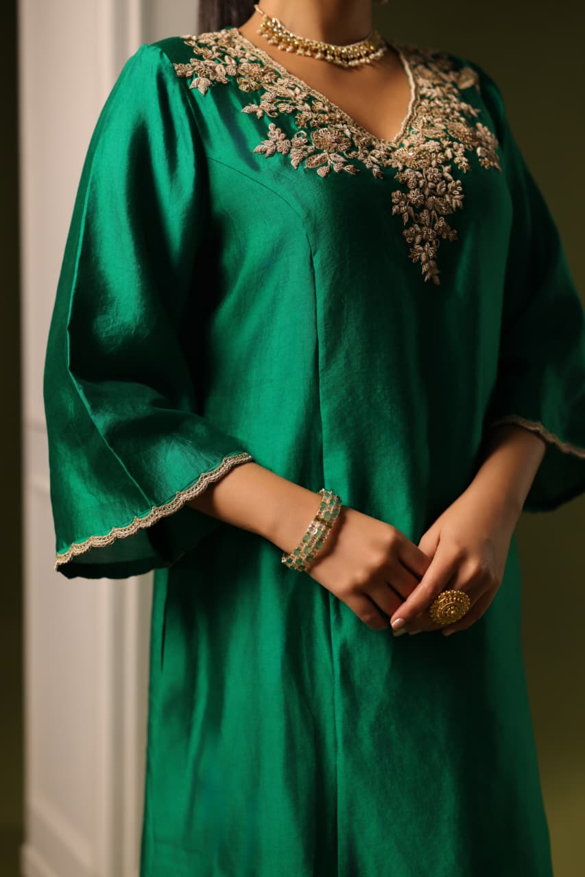 ORCHID A-LINE KURTA SET BOTTLE GREEN