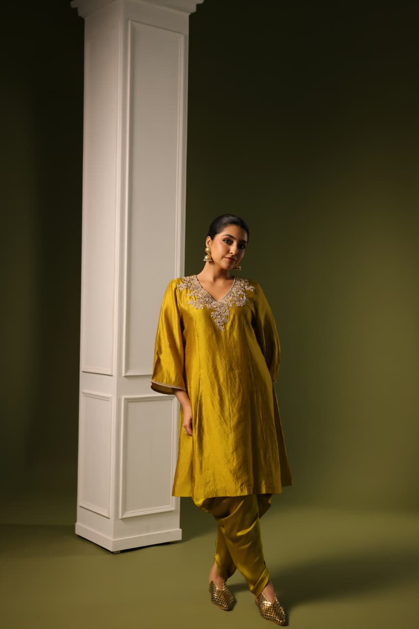 ORCHID SHORT KURTA DHOTI SET MUSTARD