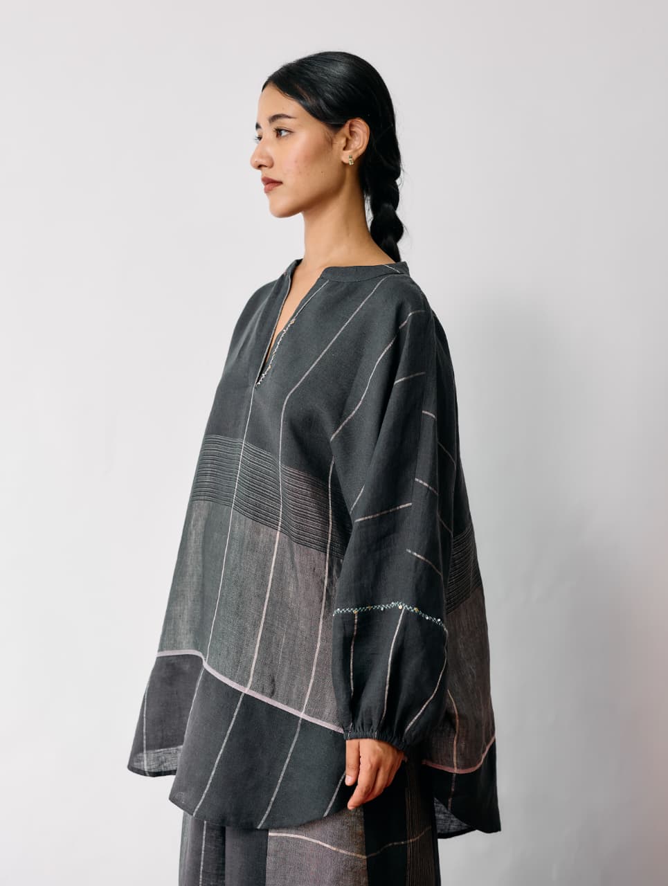RAZA METALLIC LINEN TOP - CHARCOAL