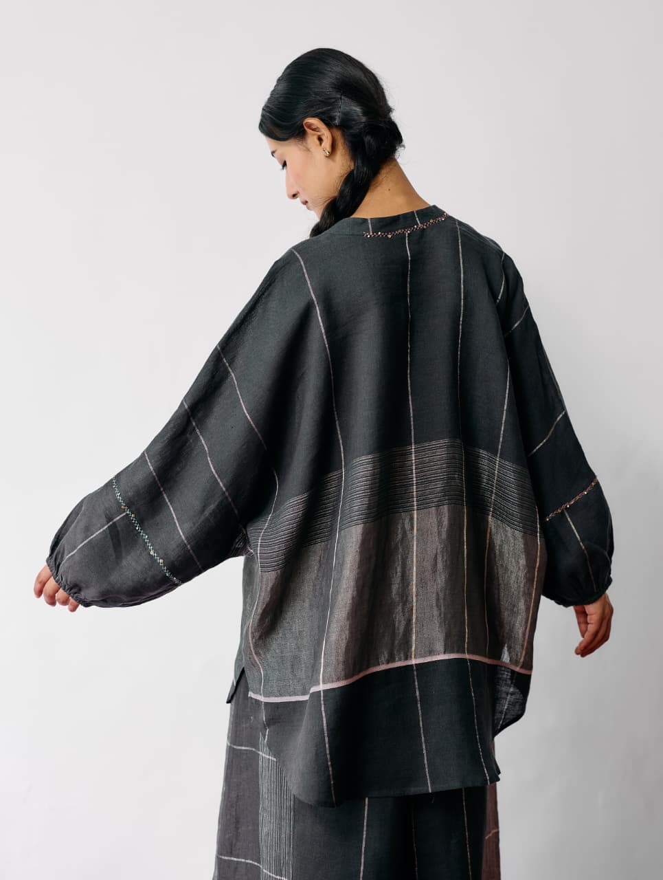 RAZA METALLIC LINEN TOP - CHARCOAL