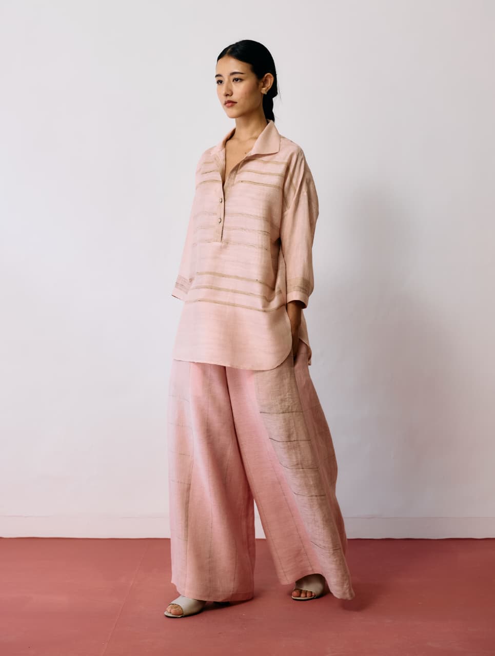DAYANA HANDWOVEN TUSSAR SILK TOP - ECRU PINK