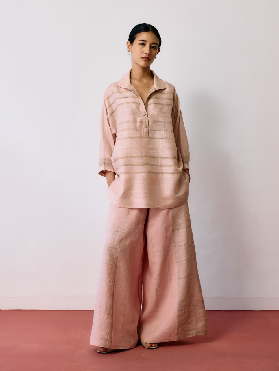 DAYANA HANDWOVEN TUSSAR SILK TOP - ECRU PINK
