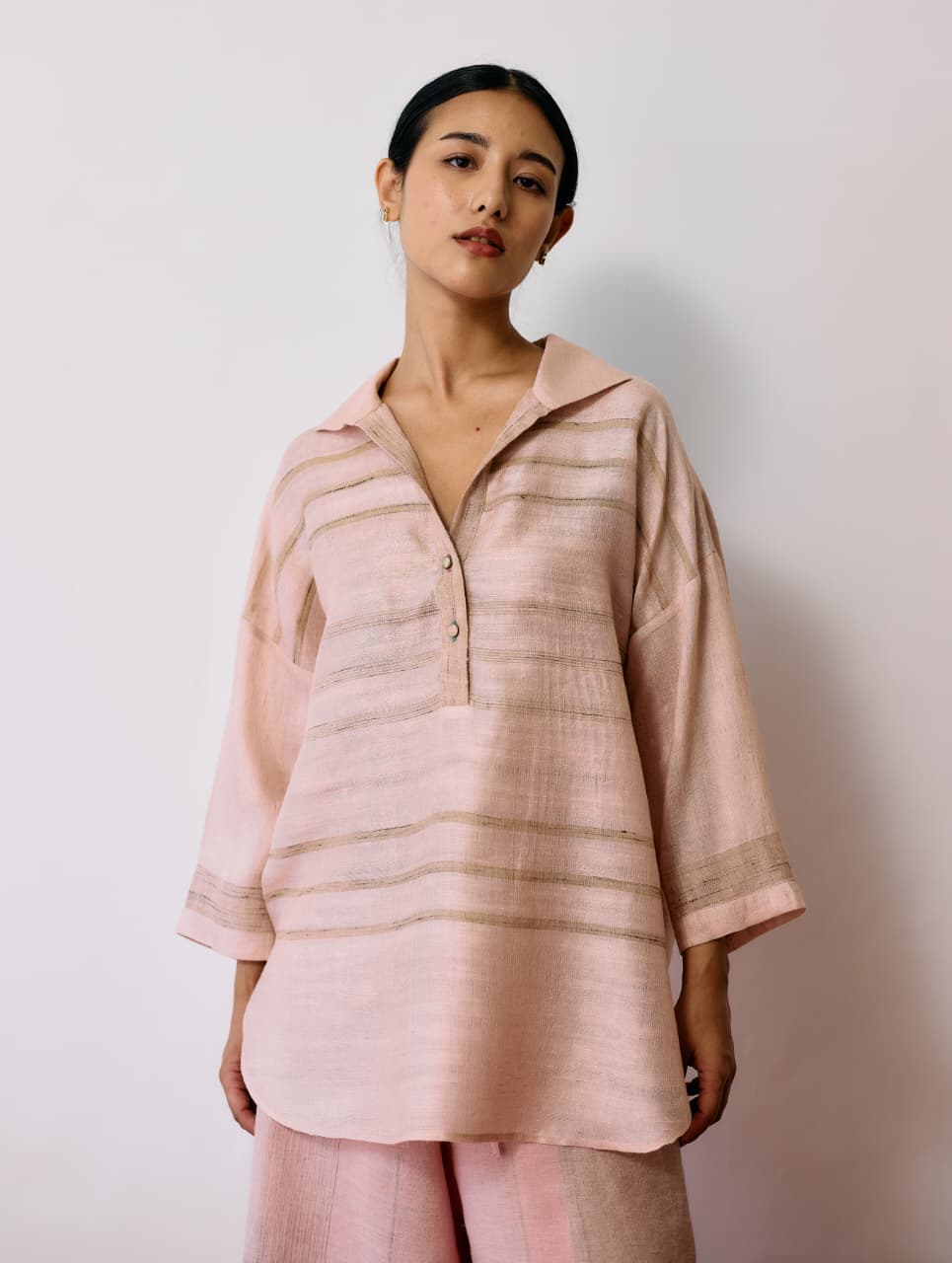 DAYANA HANDWOVEN TUSSAR SILK TOP - ECRU PINK