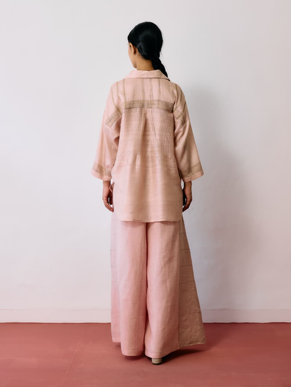 DAYANA HANDWOVEN TUSSAR SILK TOP - ECRU PINK