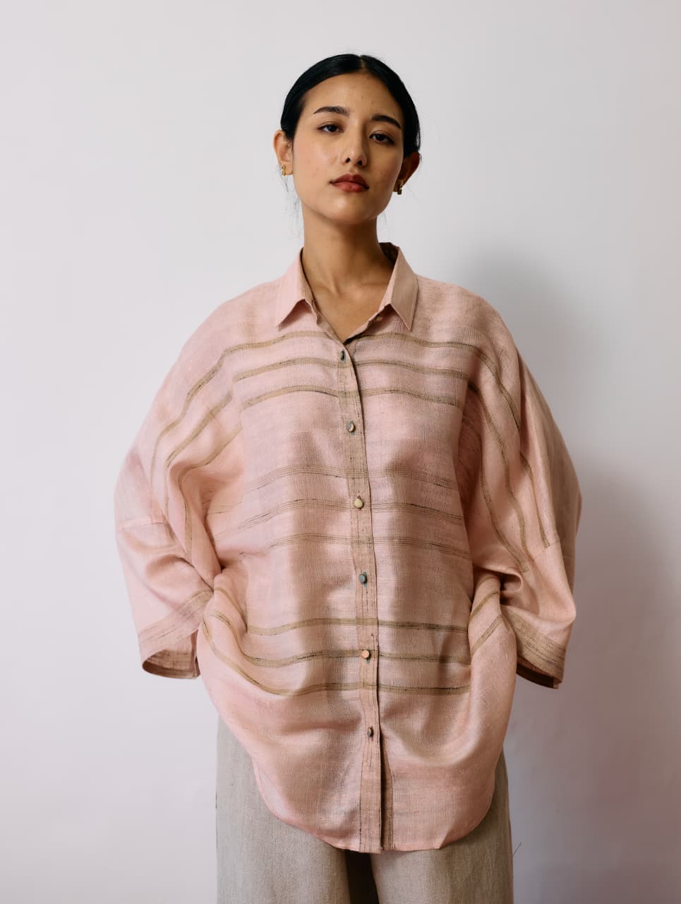 INES HANDWOVEN TUSSAR SILK SHIRT - ECRU PINK